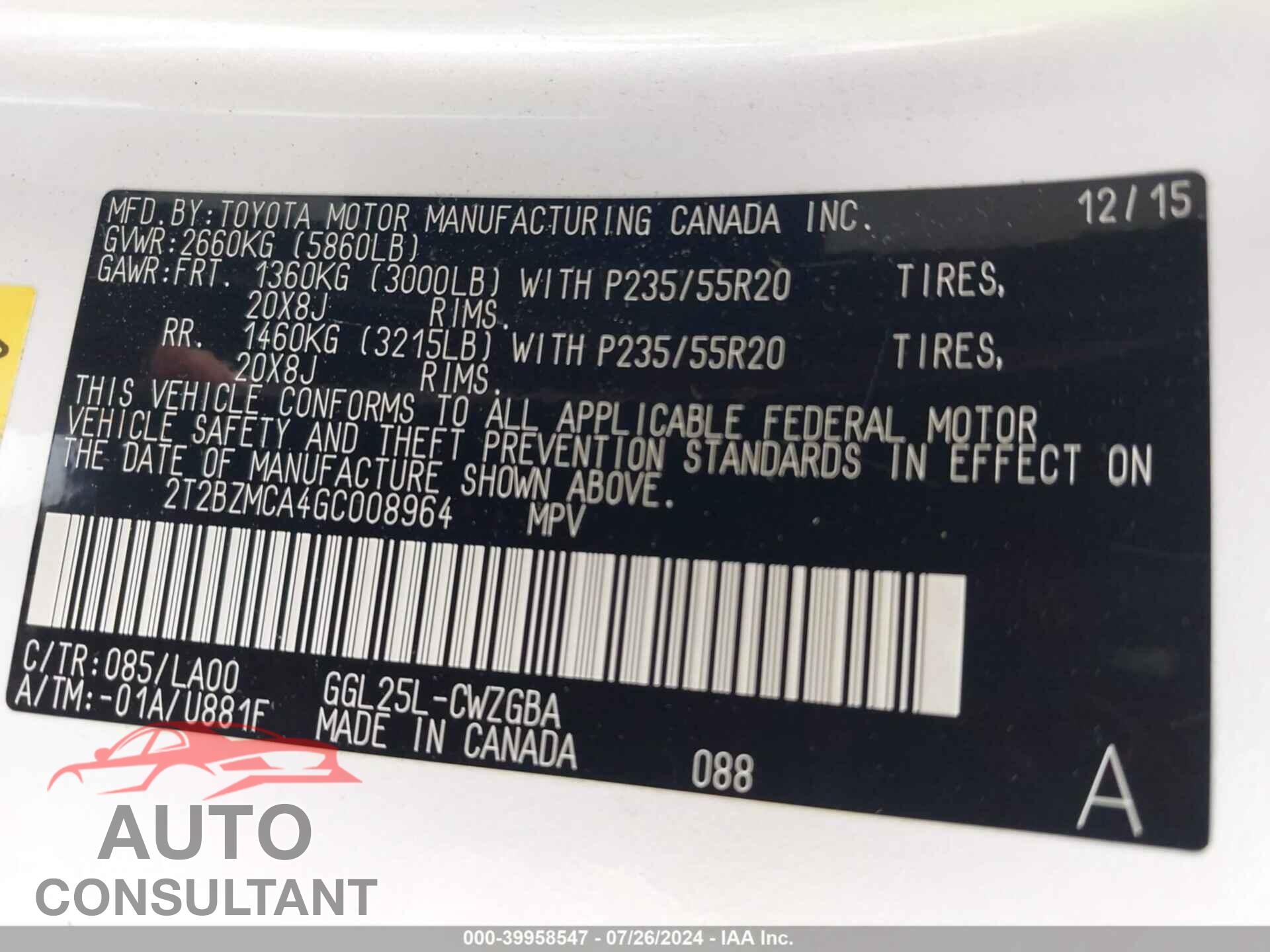 LEXUS RX 350 2016 - 2T2BZMCA4GC008964