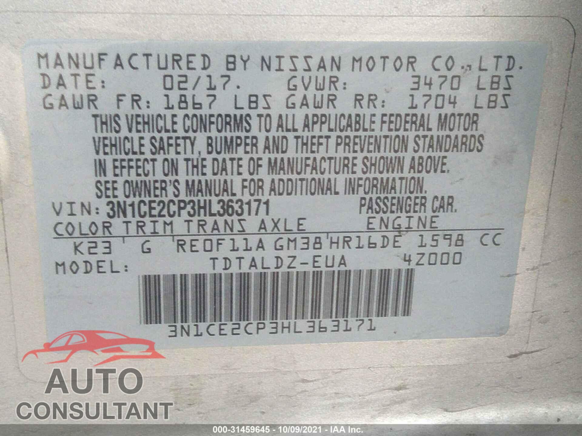 NISSAN VERSA NOTE 2017 - 3N1CE2CP3HL363171