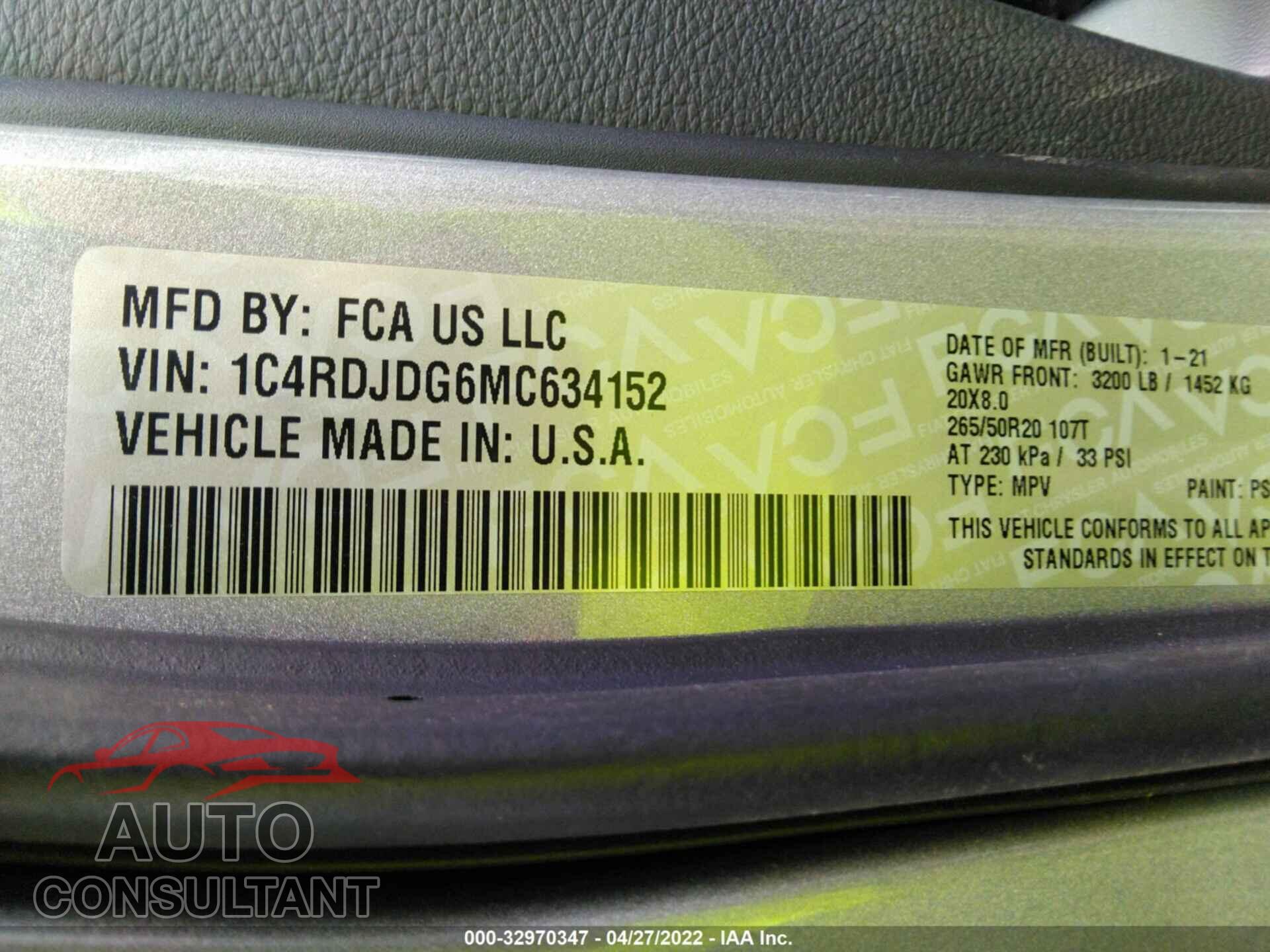 DODGE DURANGO 2021 - 1C4RDJDG6MC634152