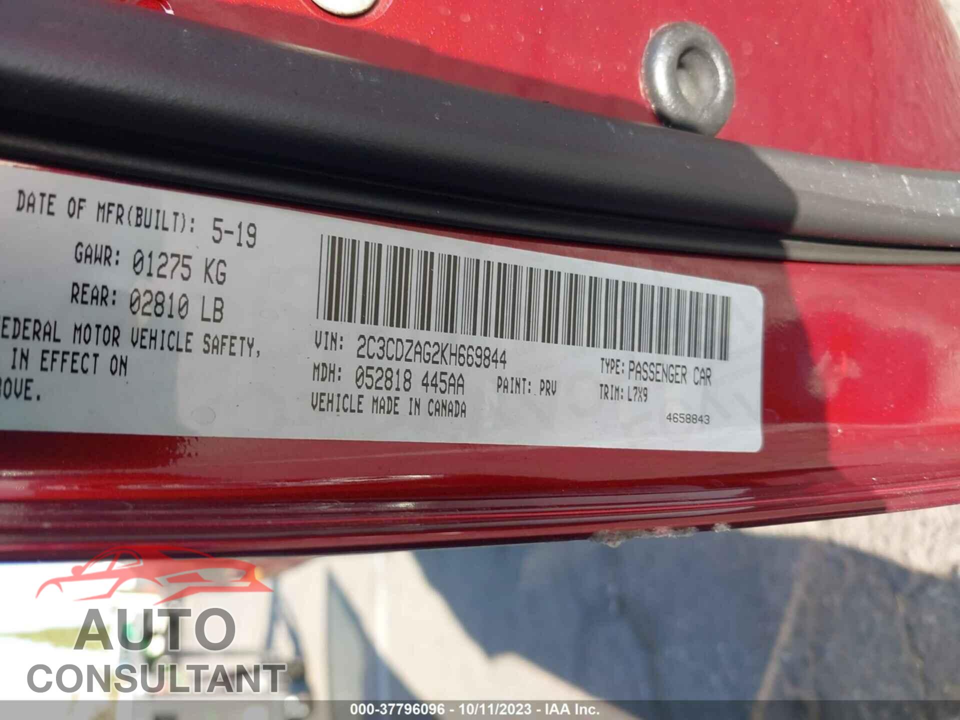 DODGE CHALLENGER 2019 - 2C3CDZAG2KH669844