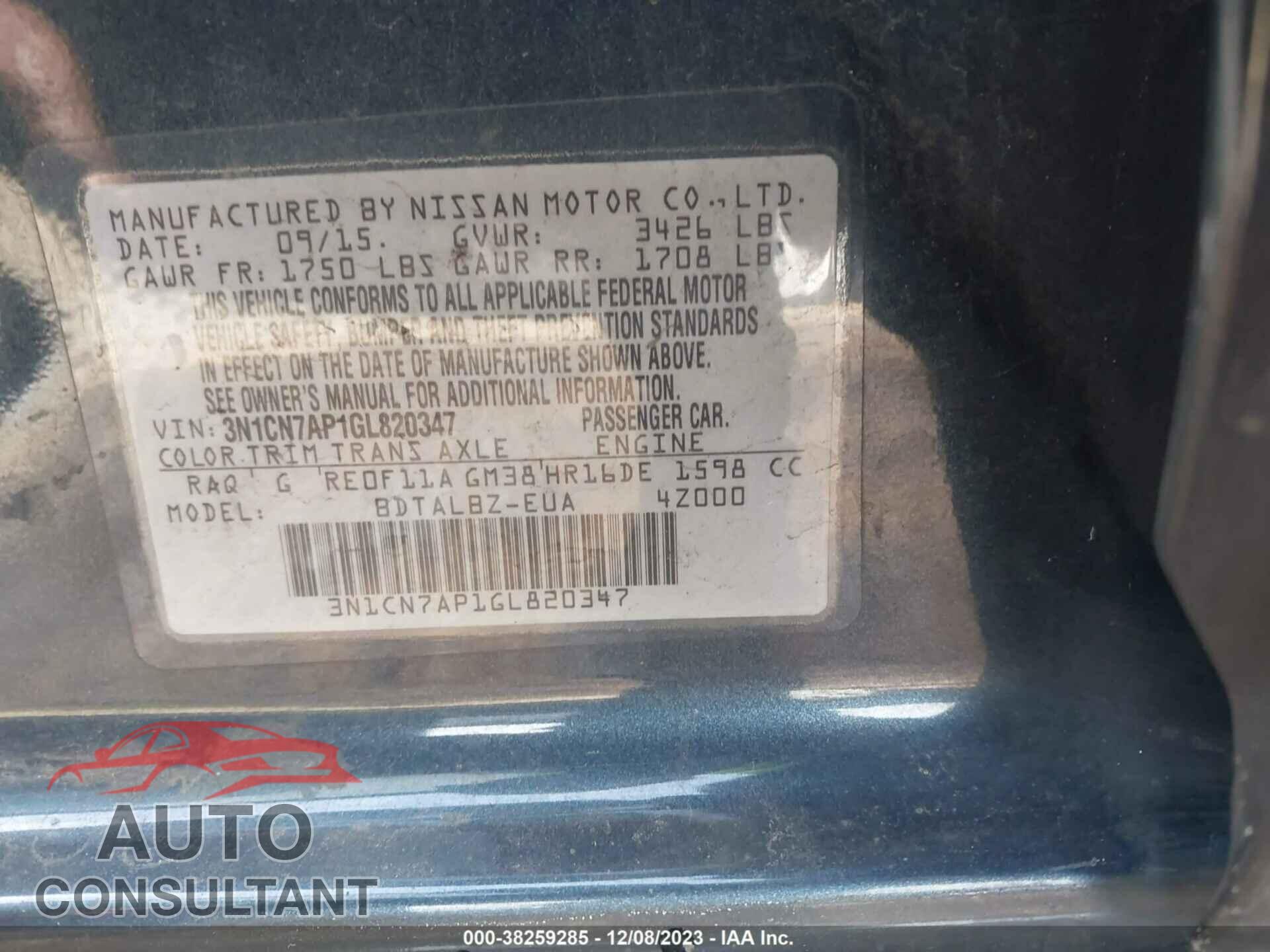 NISSAN VERSA 2016 - 3N1CN7AP1GL820347