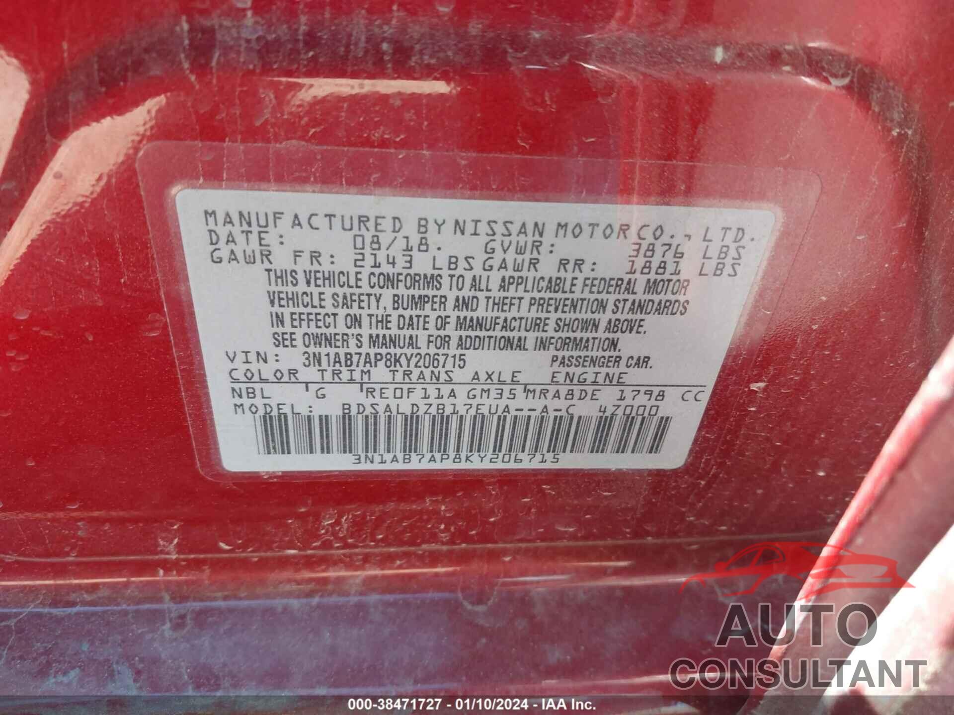 NISSAN SENTRA 2019 - 3N1AB7AP8KY206715