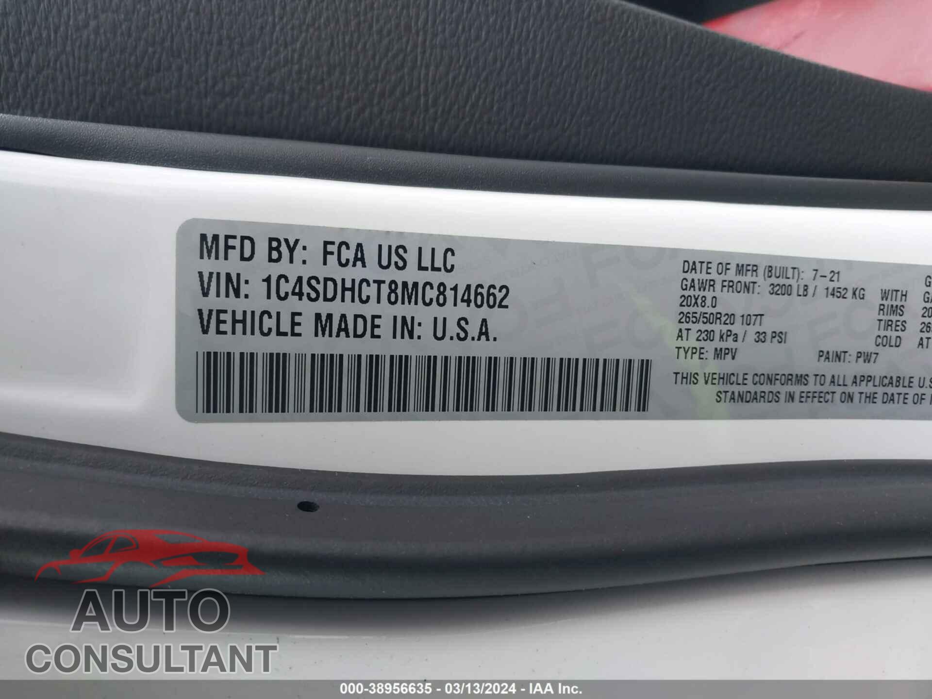 DODGE DURANGO 2021 - 1C4SDHCT8MC814662