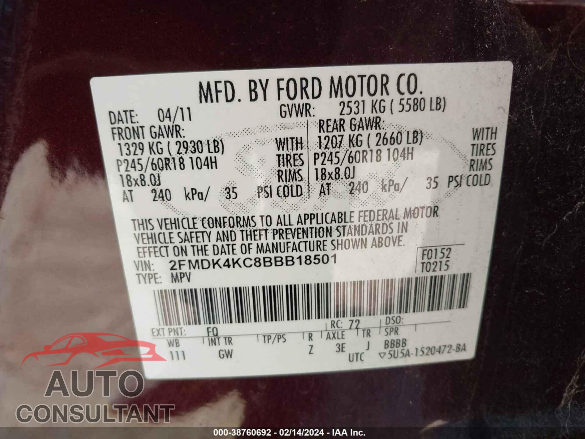 FORD EDGE 2011 - 2FMDK4KC8BBB18501