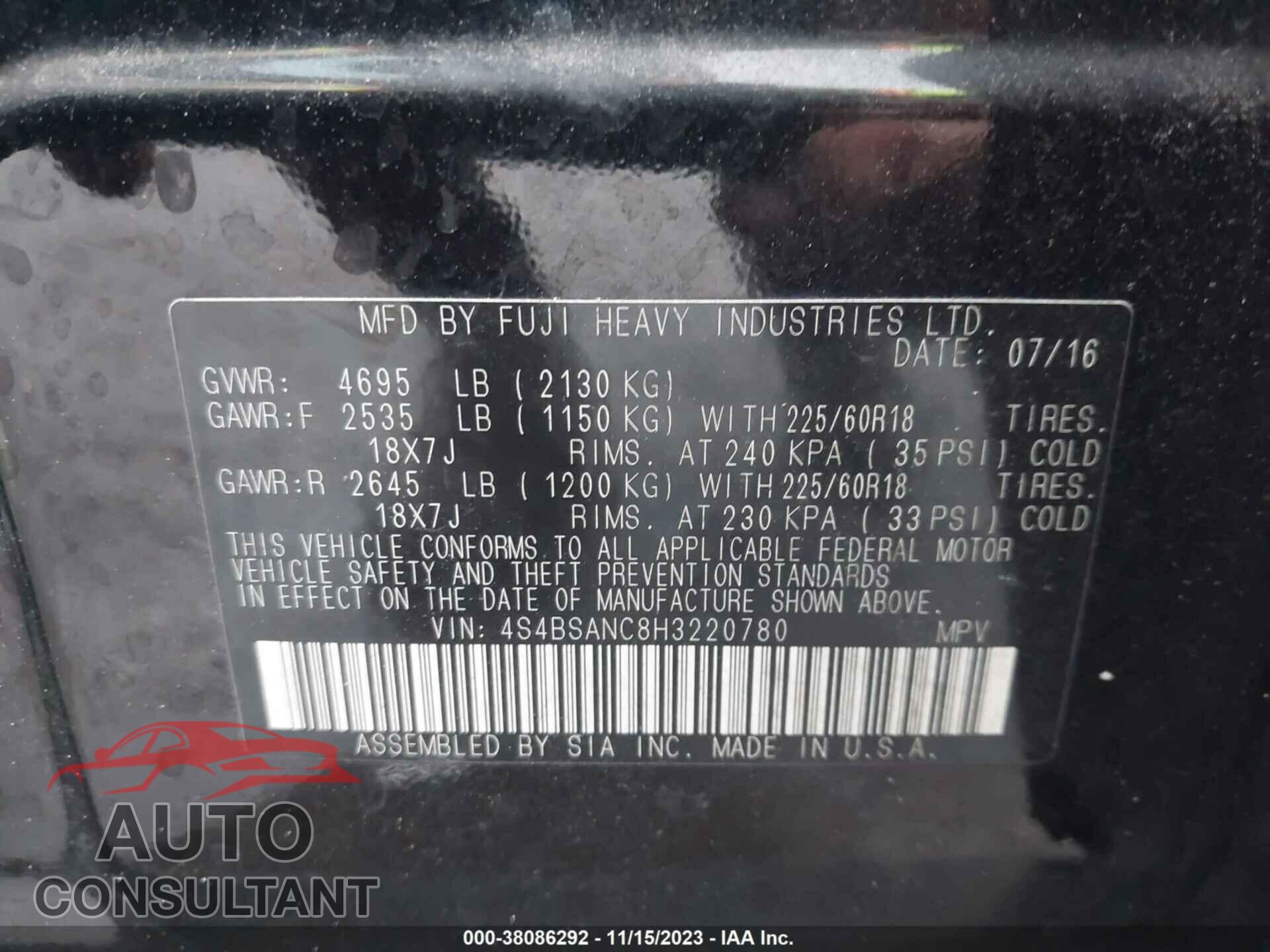 SUBARU OUTBACK 2017 - 4S4BSANC8H3220780