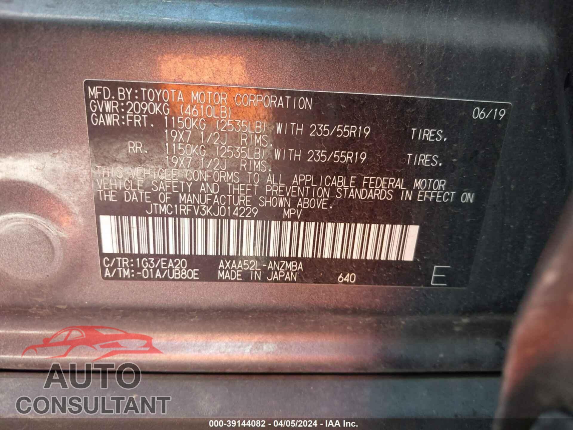 TOYOTA RAV4 2019 - JTMC1RFV3KJ014229