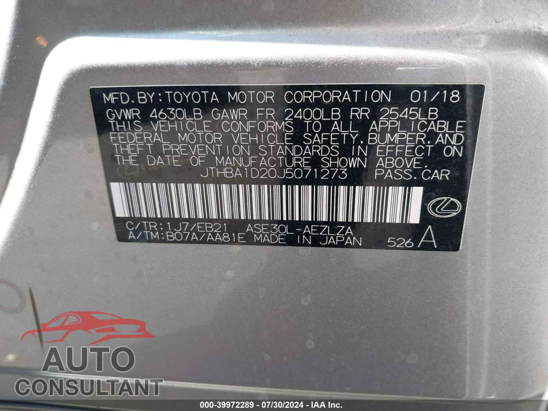 LEXUS IS 300 2018 - JTHBA1D20J5071273