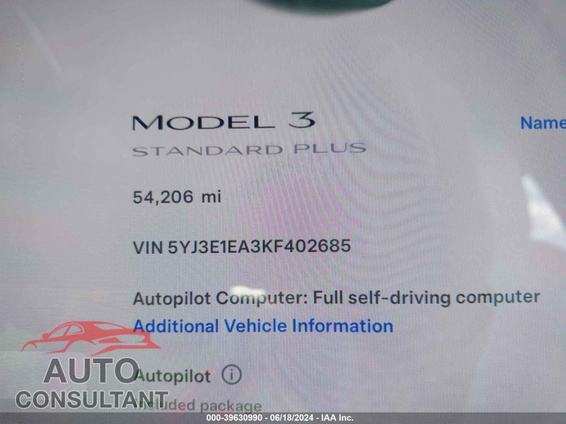 TESLA MODEL 3 2019 - 5YJ3E1EA3KF402685