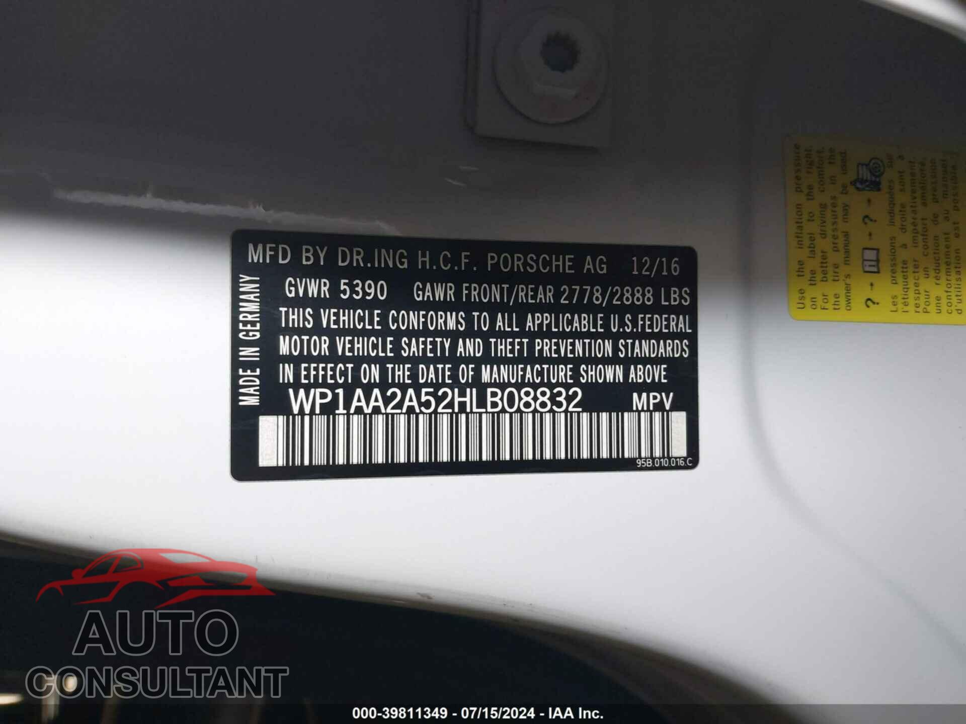 PORSCHE MACAN 2017 - WP1AA2A52HLB08832