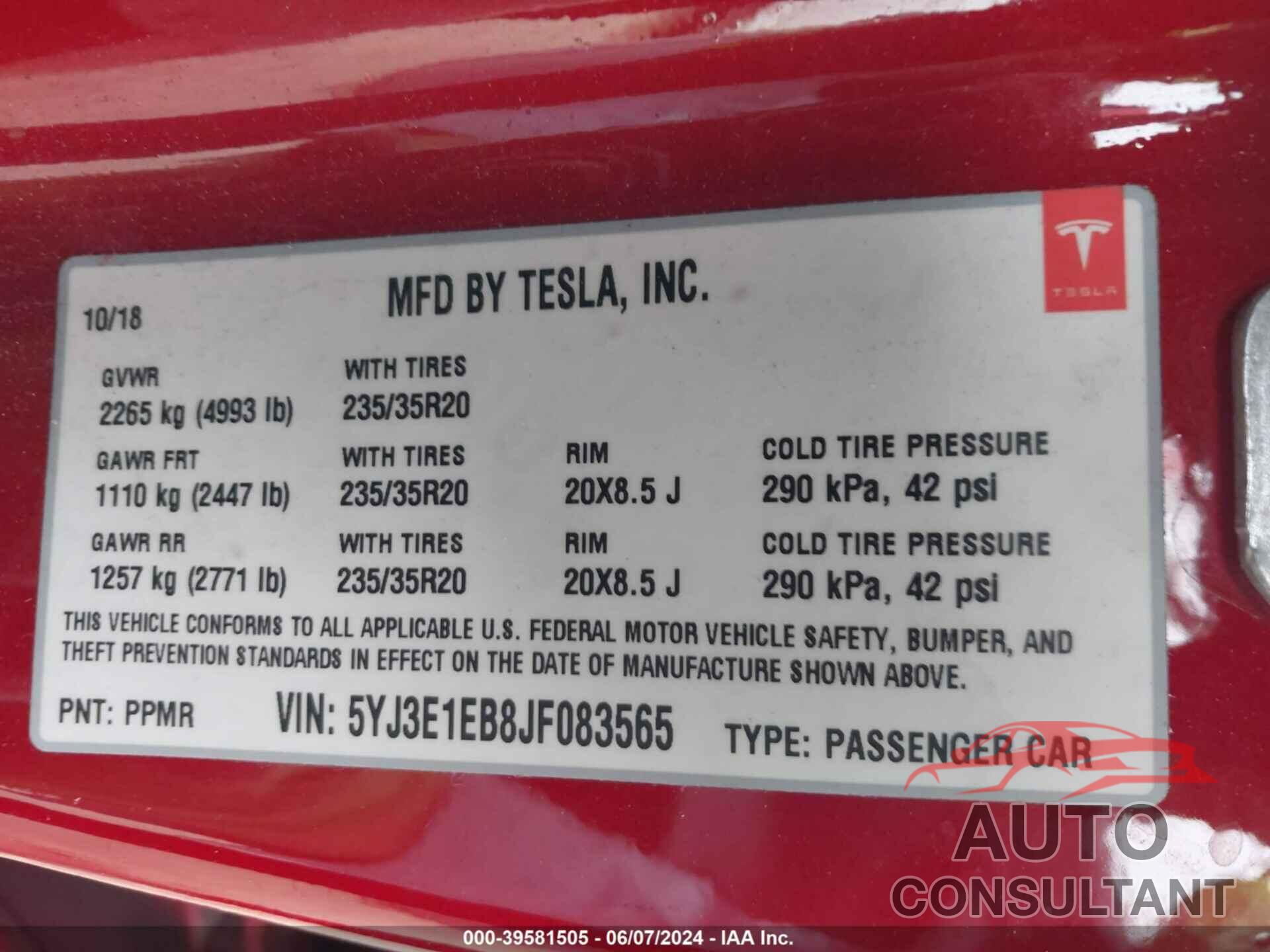 TESLA MODEL 3 2018 - 5YJ3E1EB8JF083565