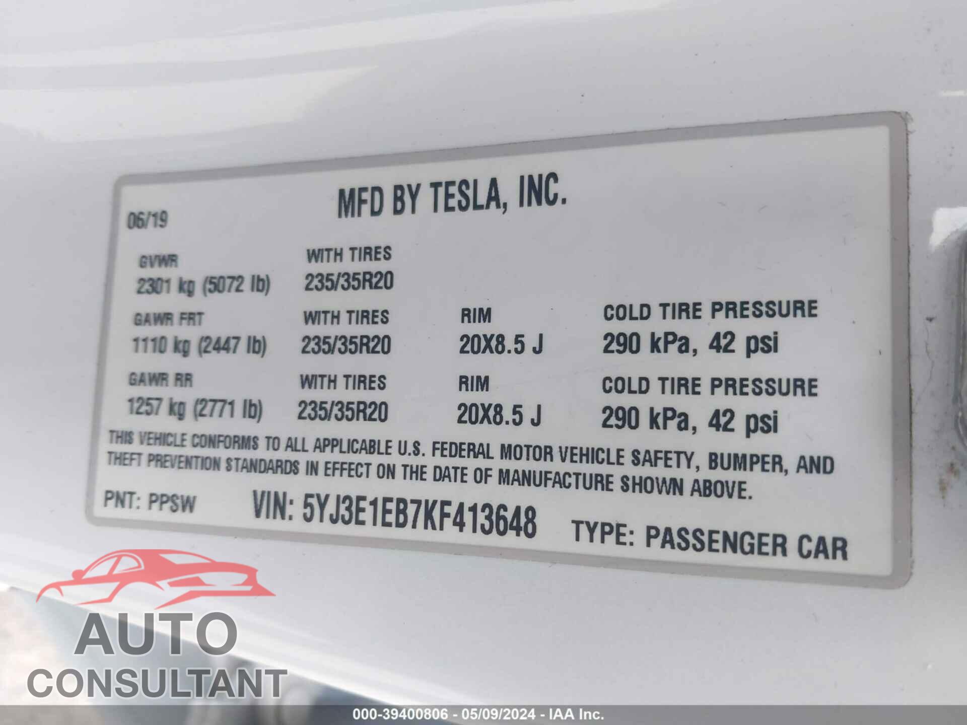 TESLA MODEL 3 2019 - 5YJ3E1EB7KF413648