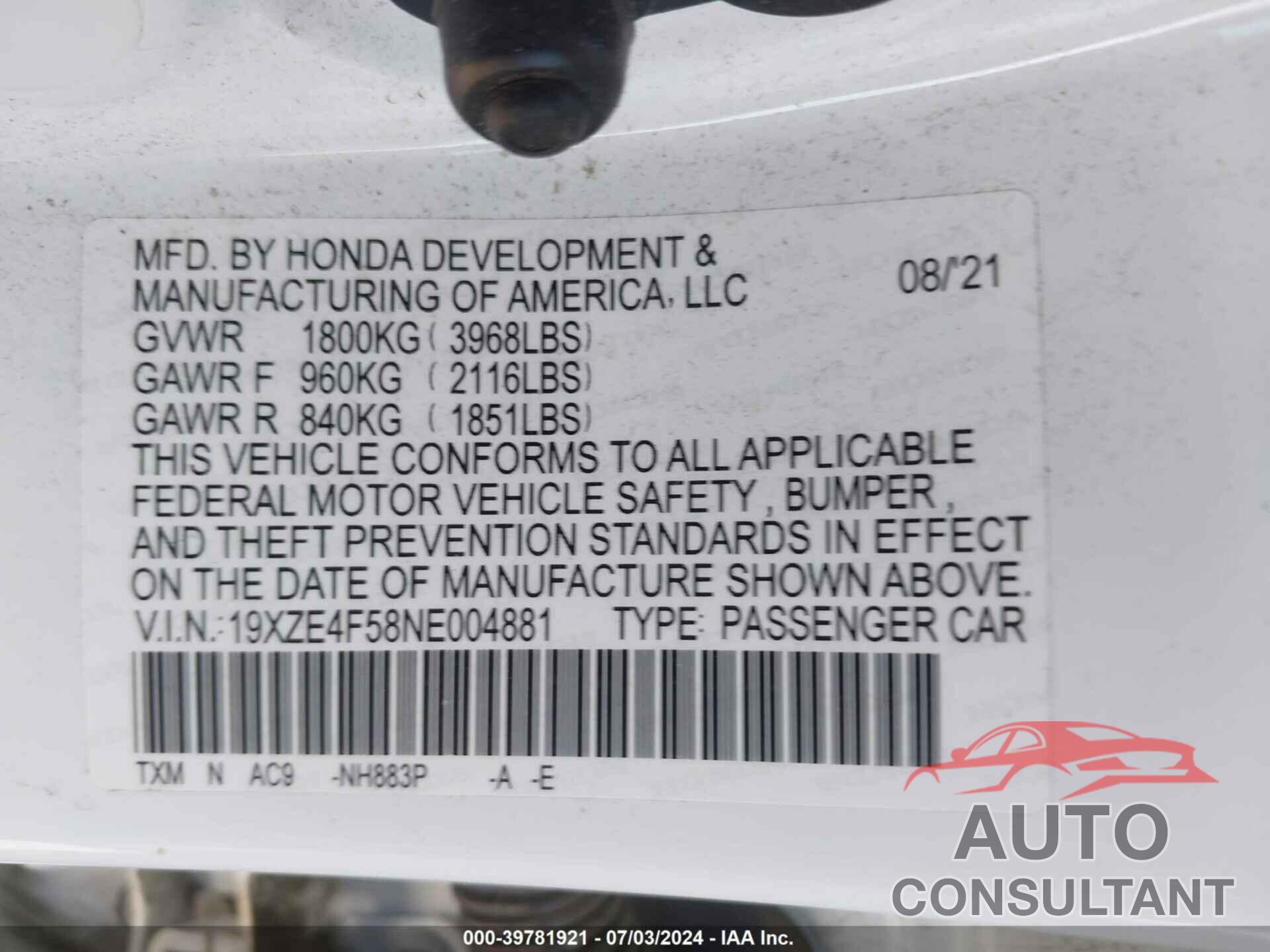 HONDA INSIGHT 2022 - 19XZE4F58NE004881