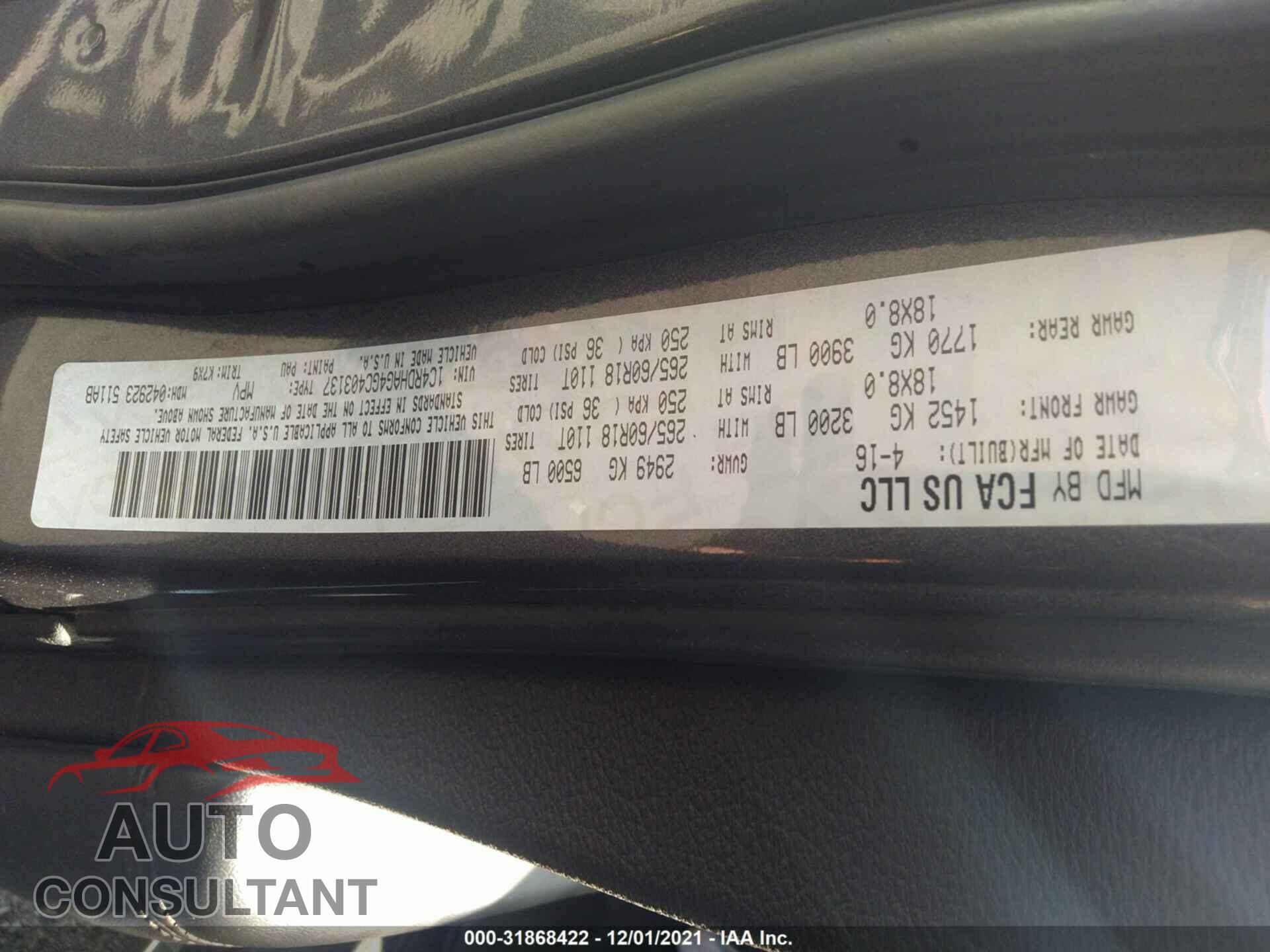 DODGE DURANGO 2016 - 1C4RDHAG4GC403137