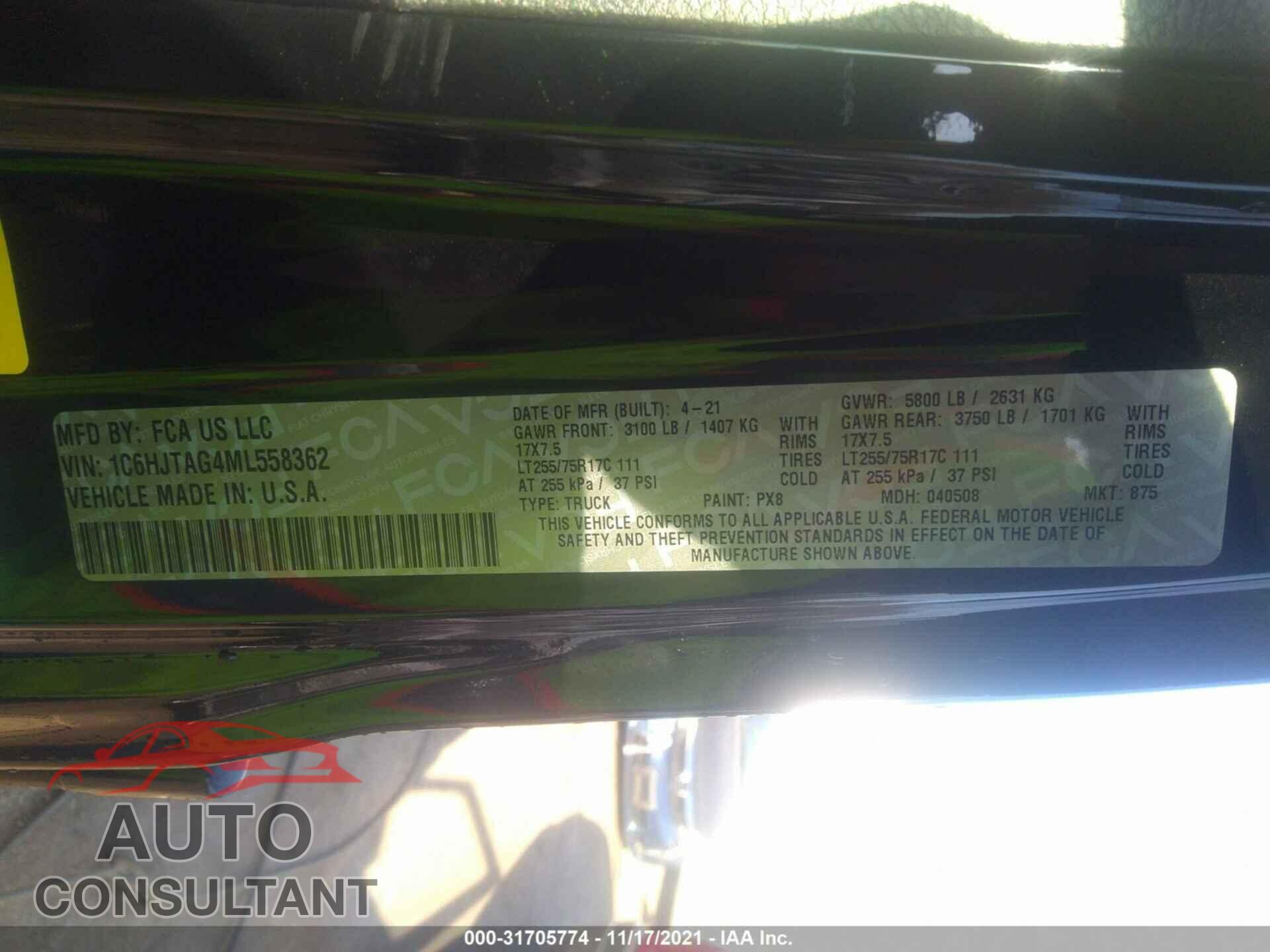 JEEP GLADIATOR 2021 - 1C6HJTAG4ML558362