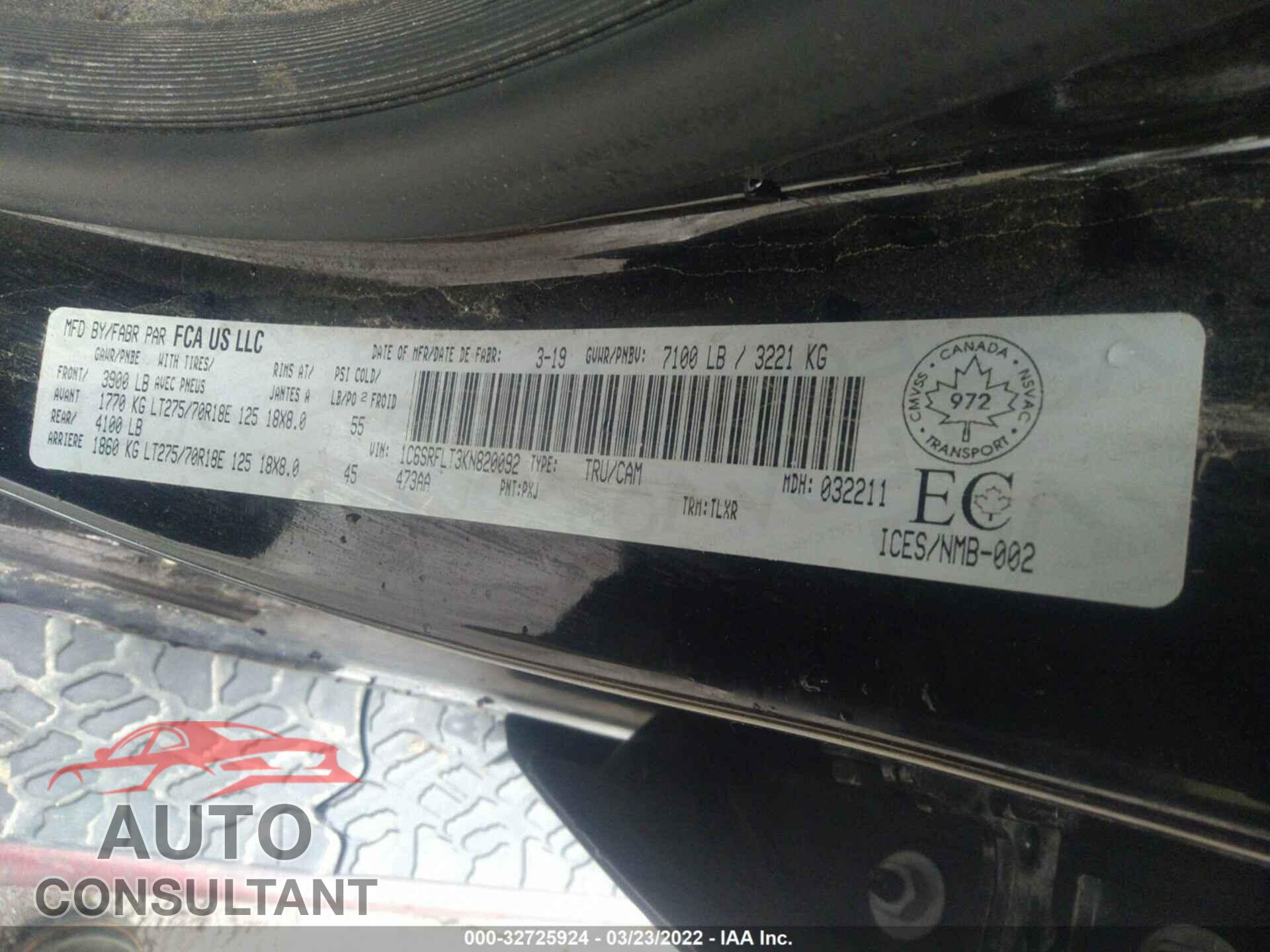 RAM 1500 2019 - 1C6SRFLT3KN820092