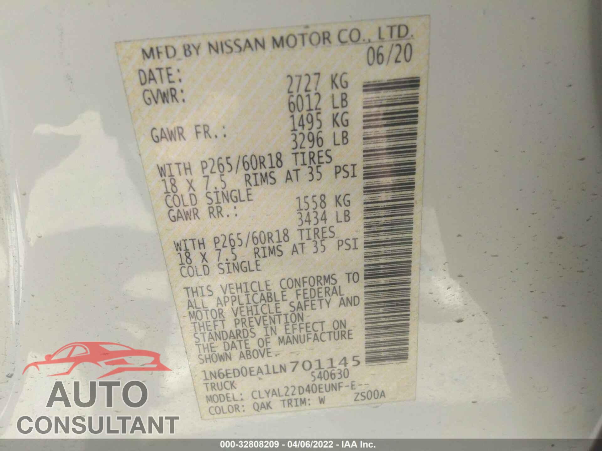 NISSAN FRONTIER 2020 - 1N6ED0EA1LN701145
