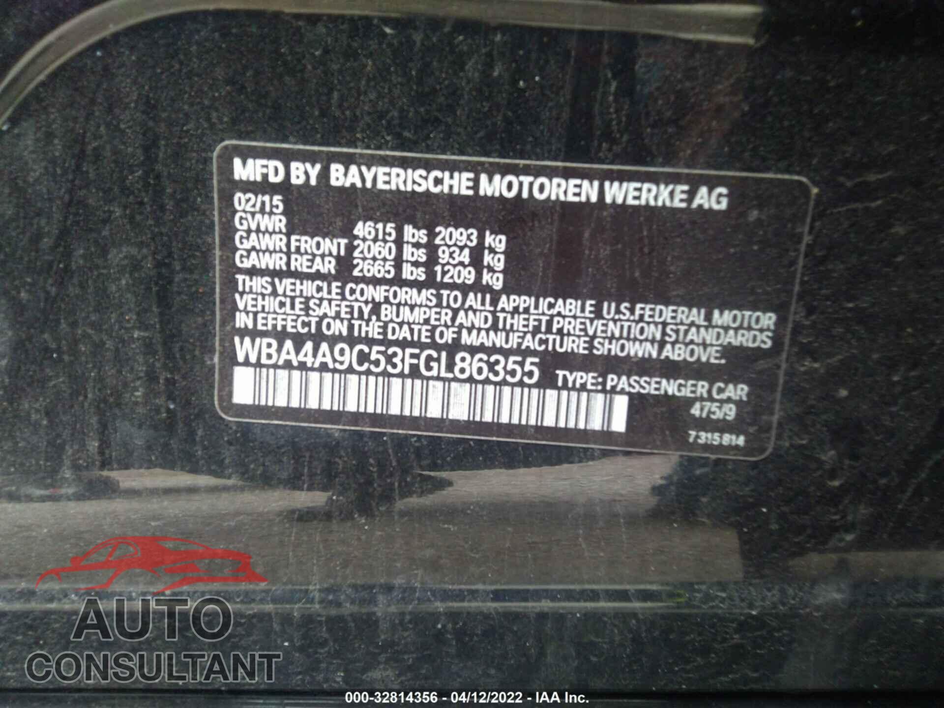 BMW 4 SERIES 2015 - WBA4A9C53FGL86355
