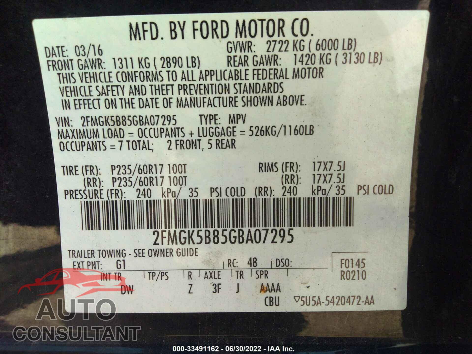 FORD FLEX 2016 - 2FMGK5B85GBA07295