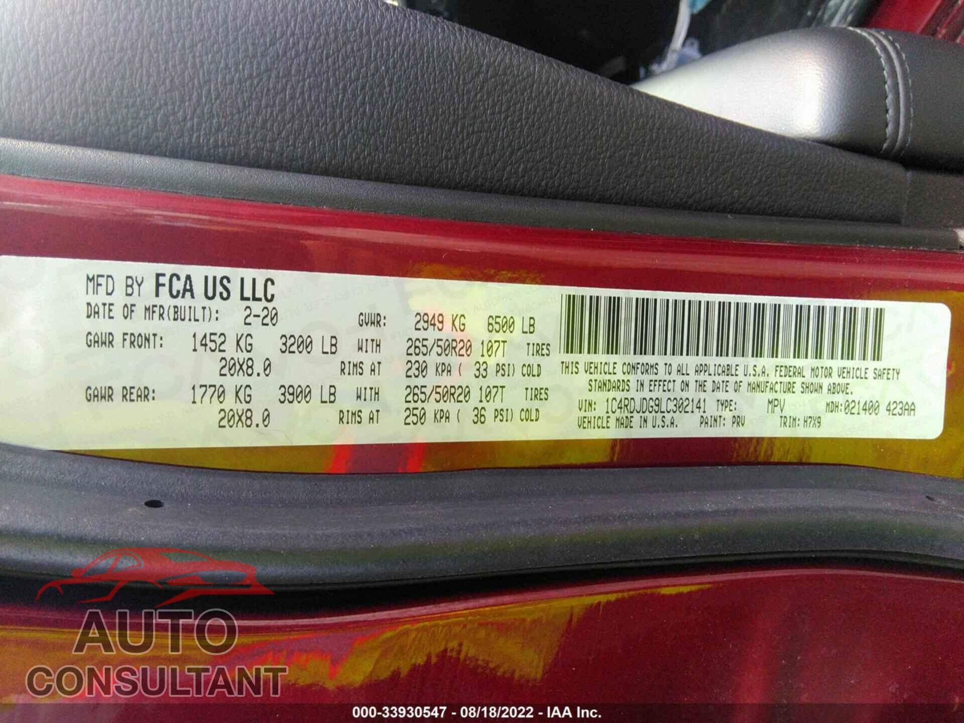 DODGE DURANGO 2020 - 1C4RDJDG9LC302141