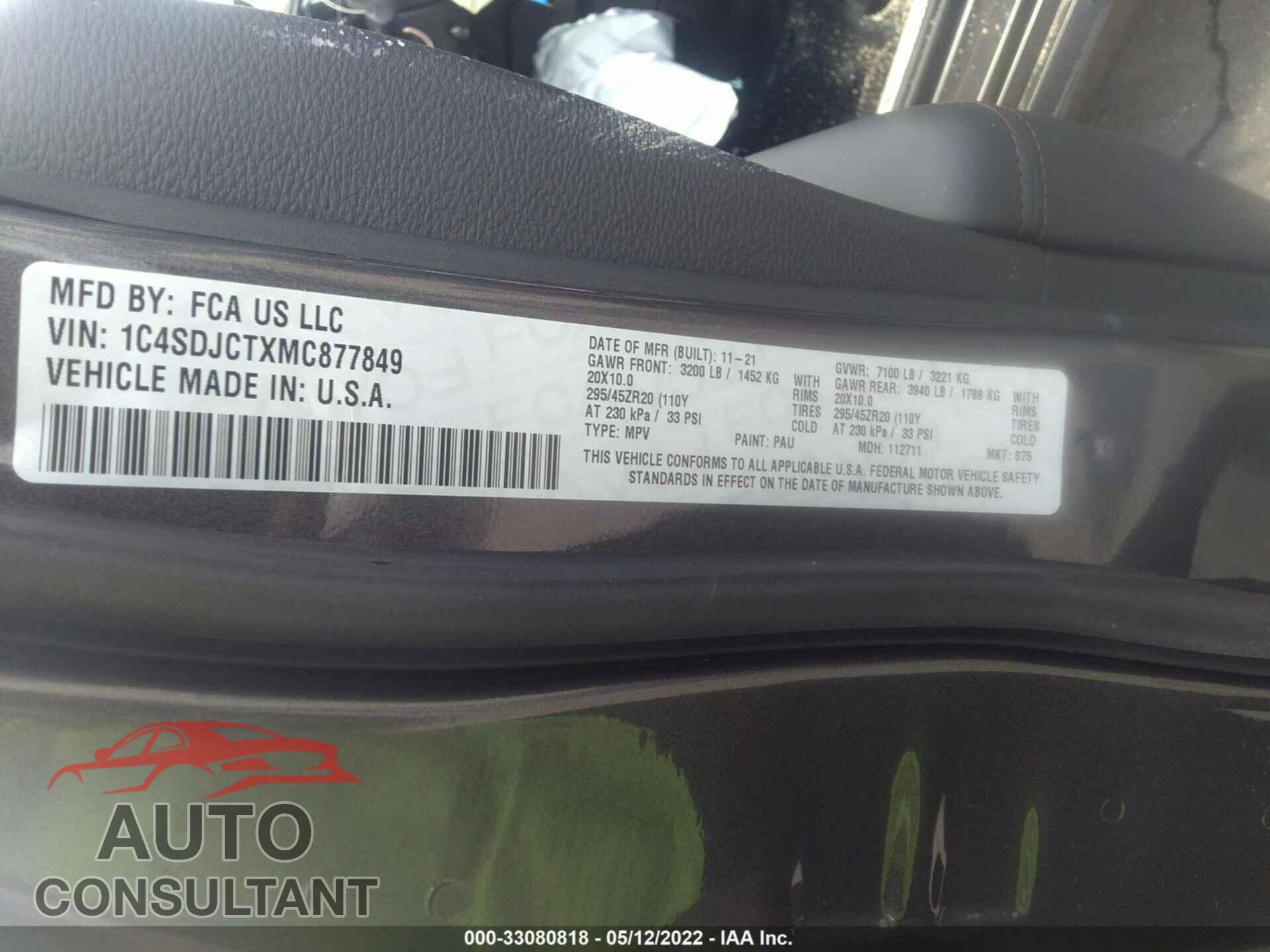 DODGE DURANGO 2021 - 1C4SDJCTXMC877849
