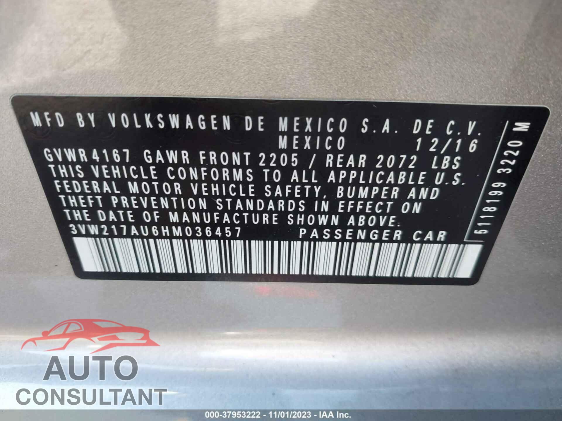 VOLKSWAGEN GOLF 2017 - 3VW217AU6HM036457