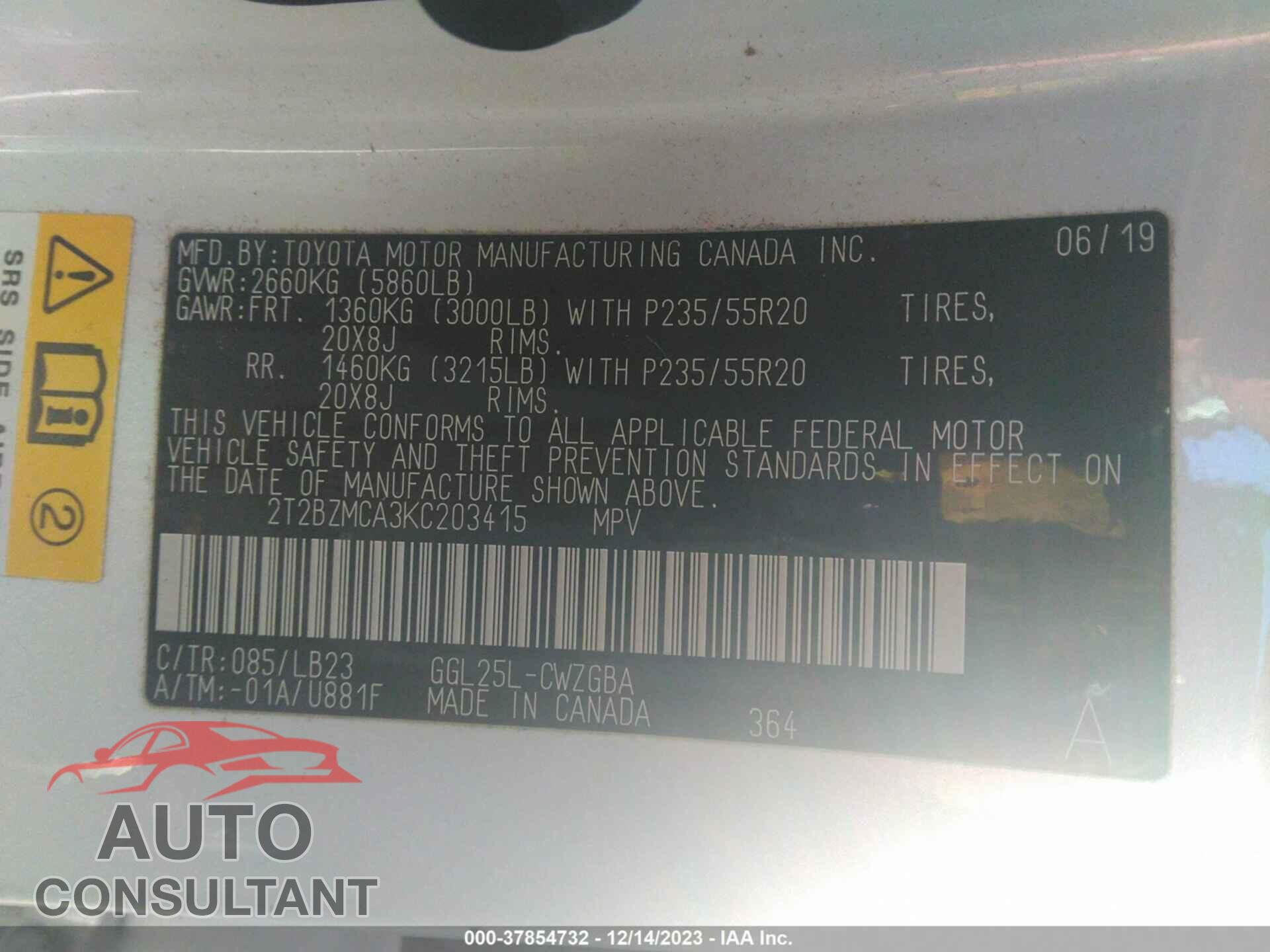 LEXUS RX 2019 - 2T2BZMCA3KC203415
