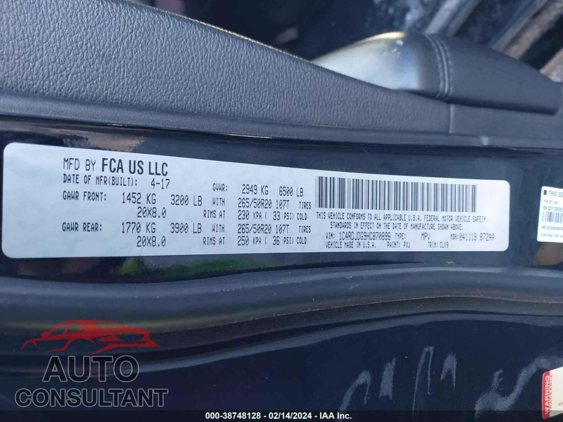 DODGE DURANGO 2017 - 1C4RDJDG9HC870896