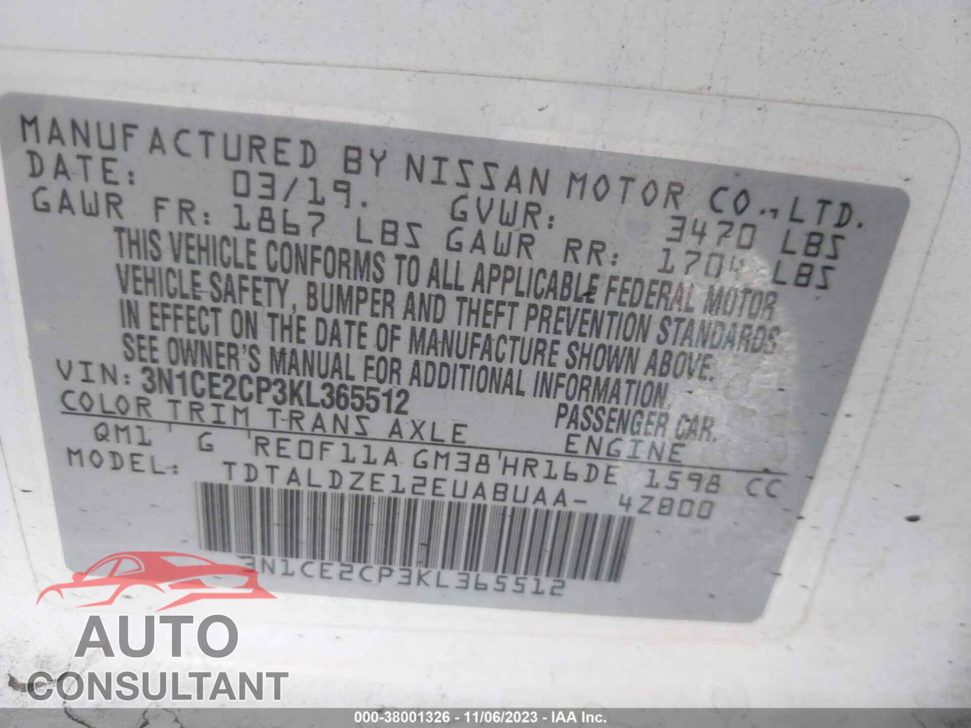 NISSAN VERSA NOTE 2019 - 3N1CE2CP3KL365512