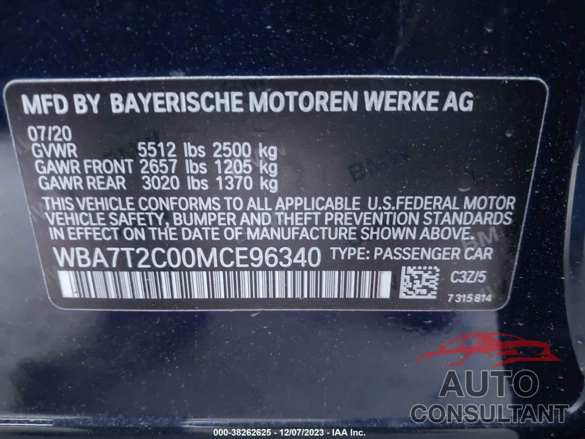 BMW 7 SERIES 2021 - WBA7T2C00MCE96340