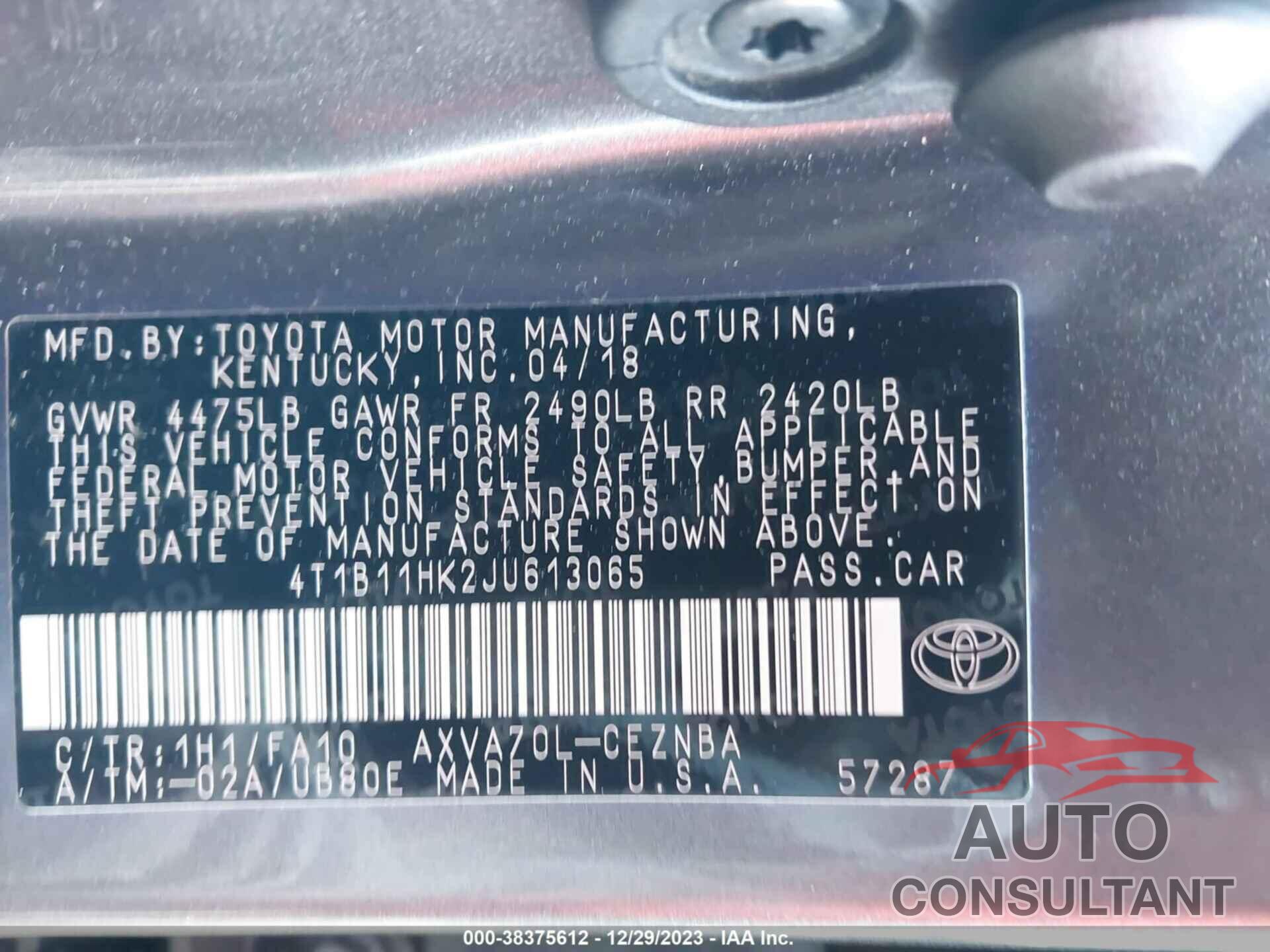 TOYOTA CAMRY 2018 - 4T1B11HK2JU613065