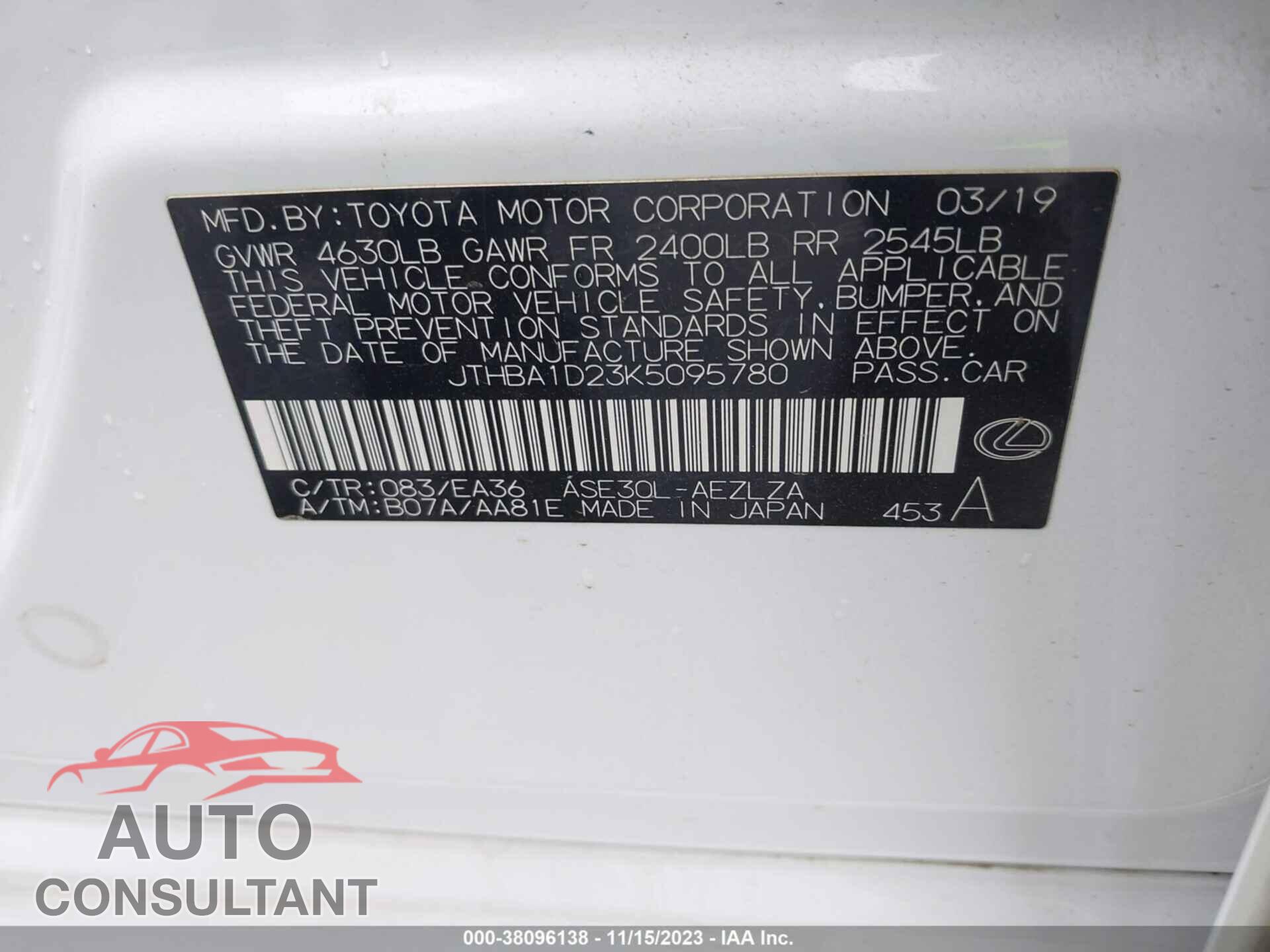 LEXUS IS 2019 - JTHBA1D23K5095780