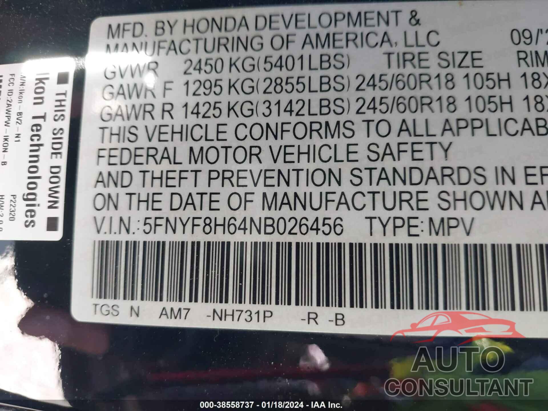 HONDA PASSPORT 2022 - 5FNYF8H64NB026456