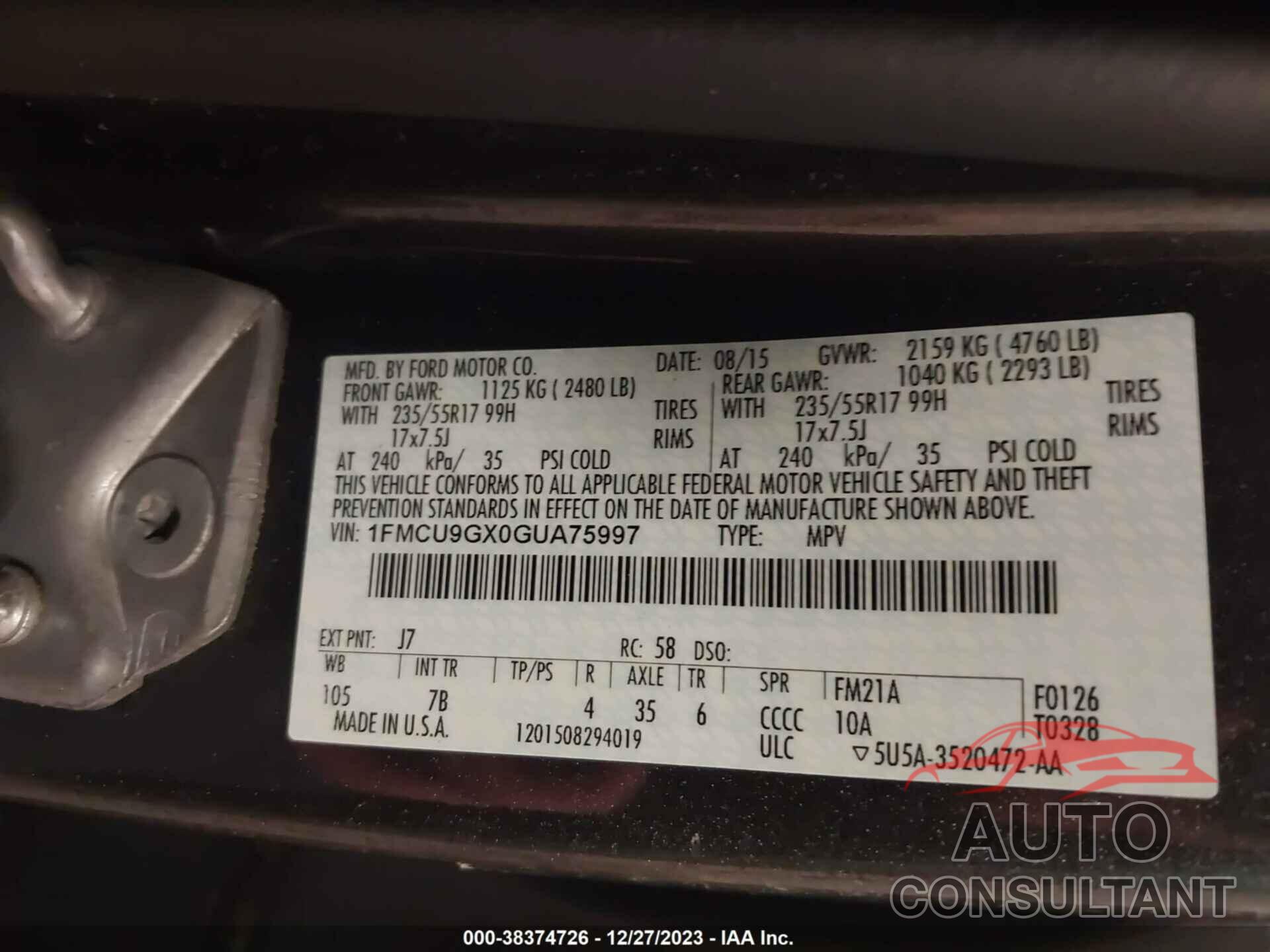 FORD ESCAPE 2016 - 1FMCU9GX0GUA75997