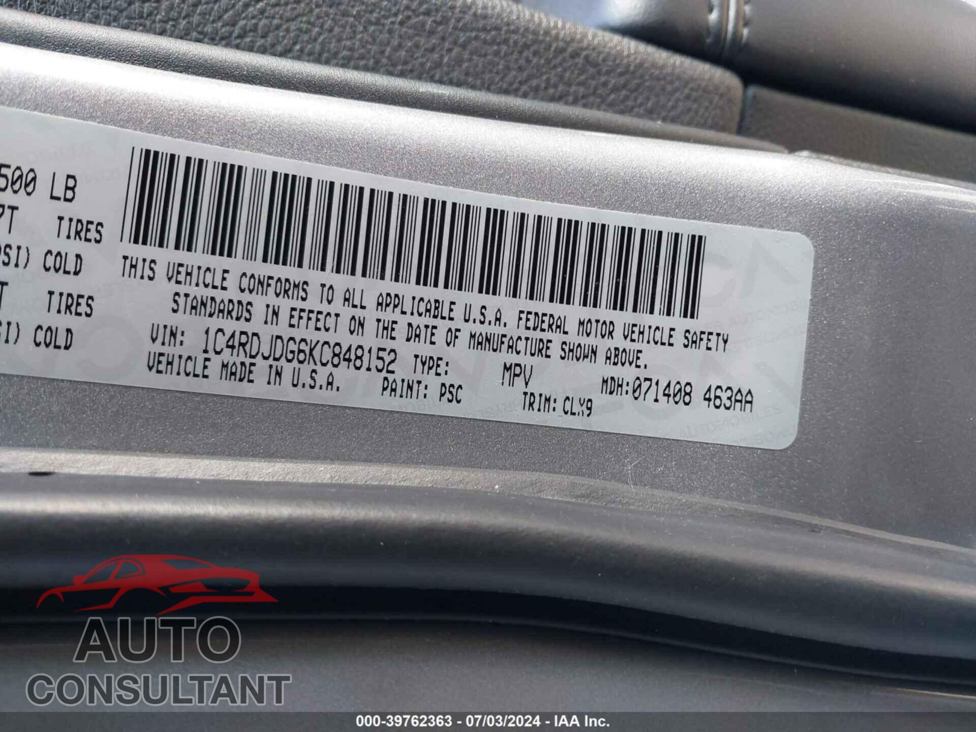DODGE DURANGO 2019 - 1C4RDJDG6KC848152