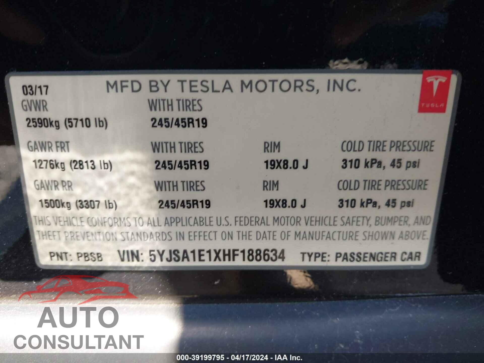 TESLA MODEL S 2017 - 5YJSA1E1XHF188634