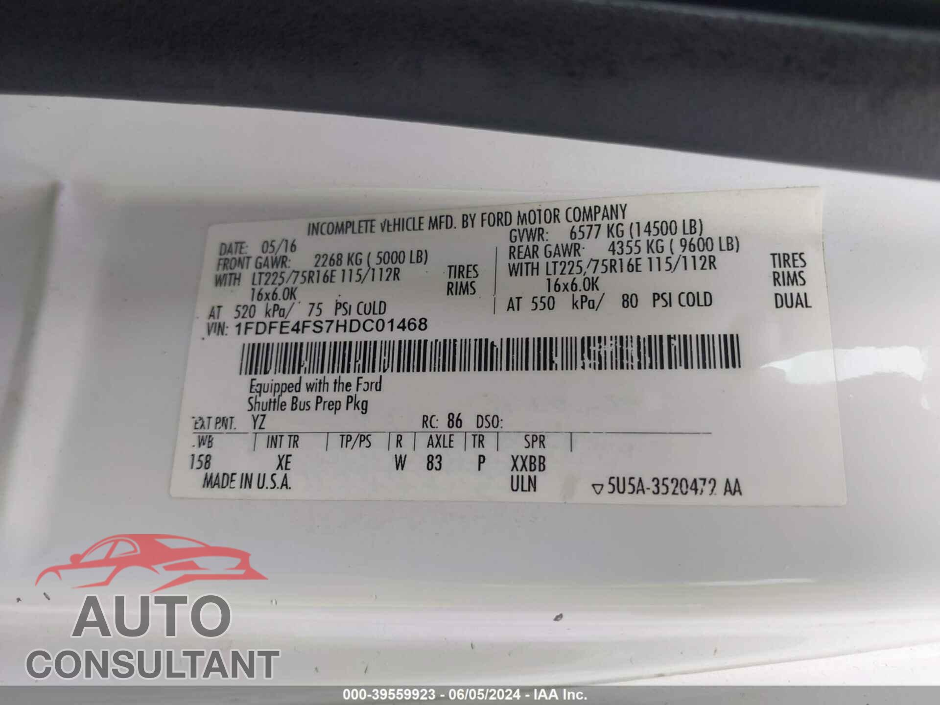 FORD E-450 CUTAWAY 2017 - 1FDFE4FS7HDC01468