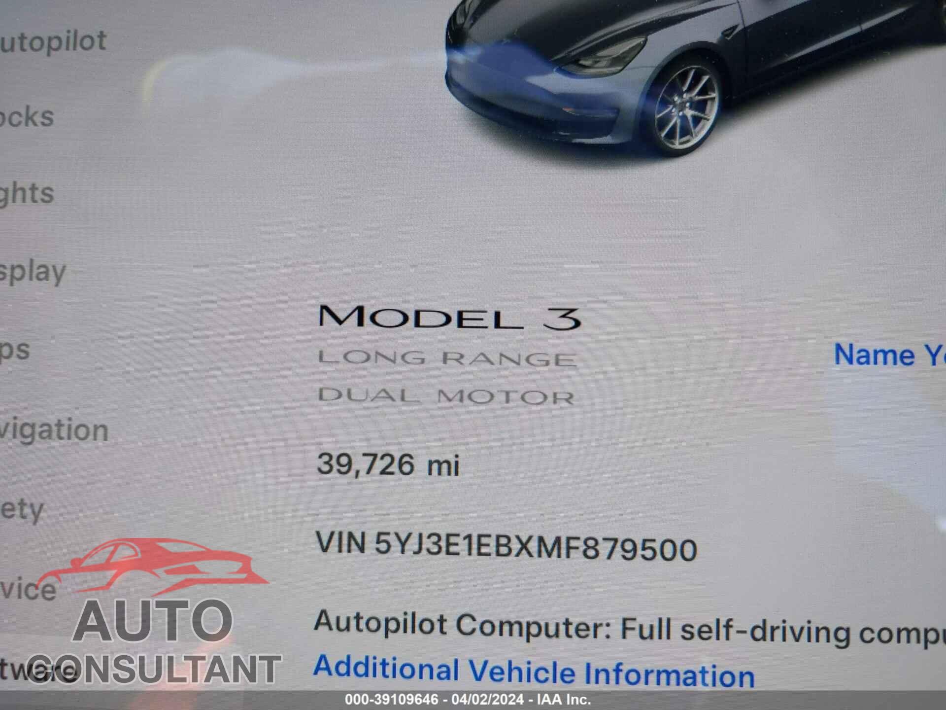 TESLA MODEL 3 2021 - 5YJ3E1EBXMF879500