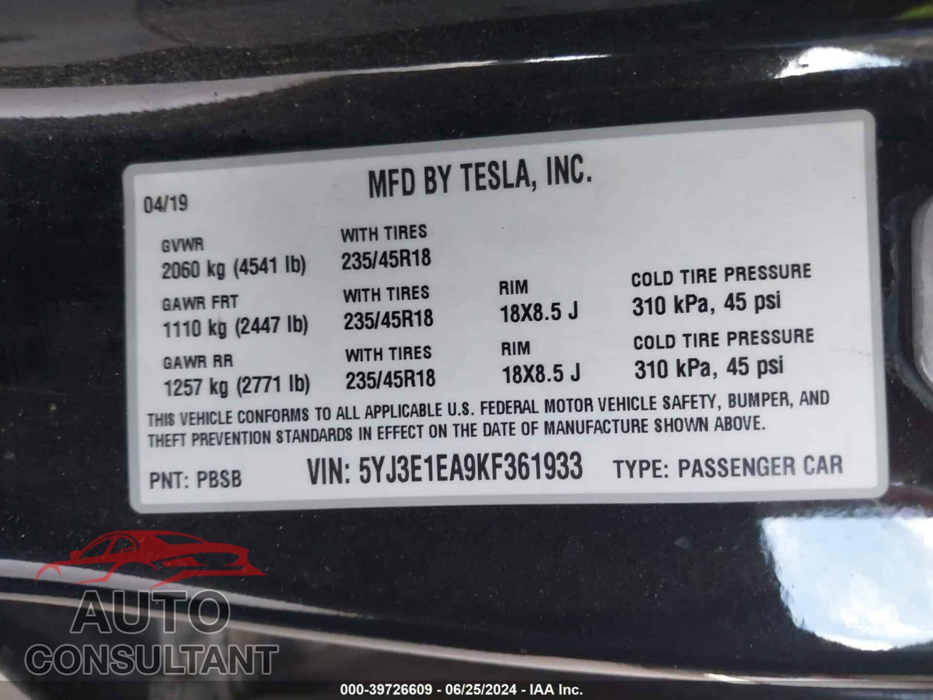 TESLA MODEL 3 2019 - 5YJ3E1EA9KF361933
