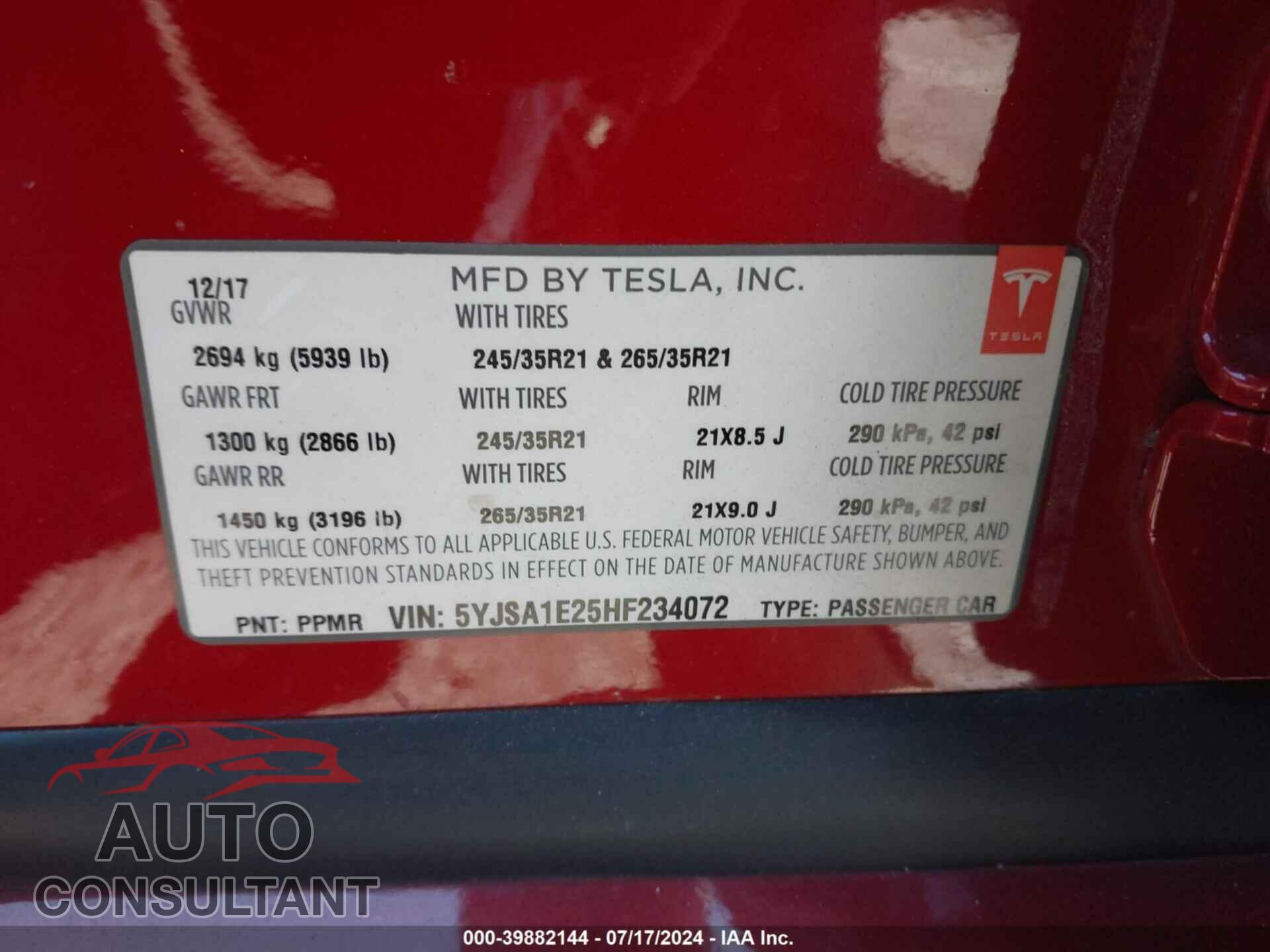 TESLA MODEL S 2017 - 5YJSA1E25HF234072