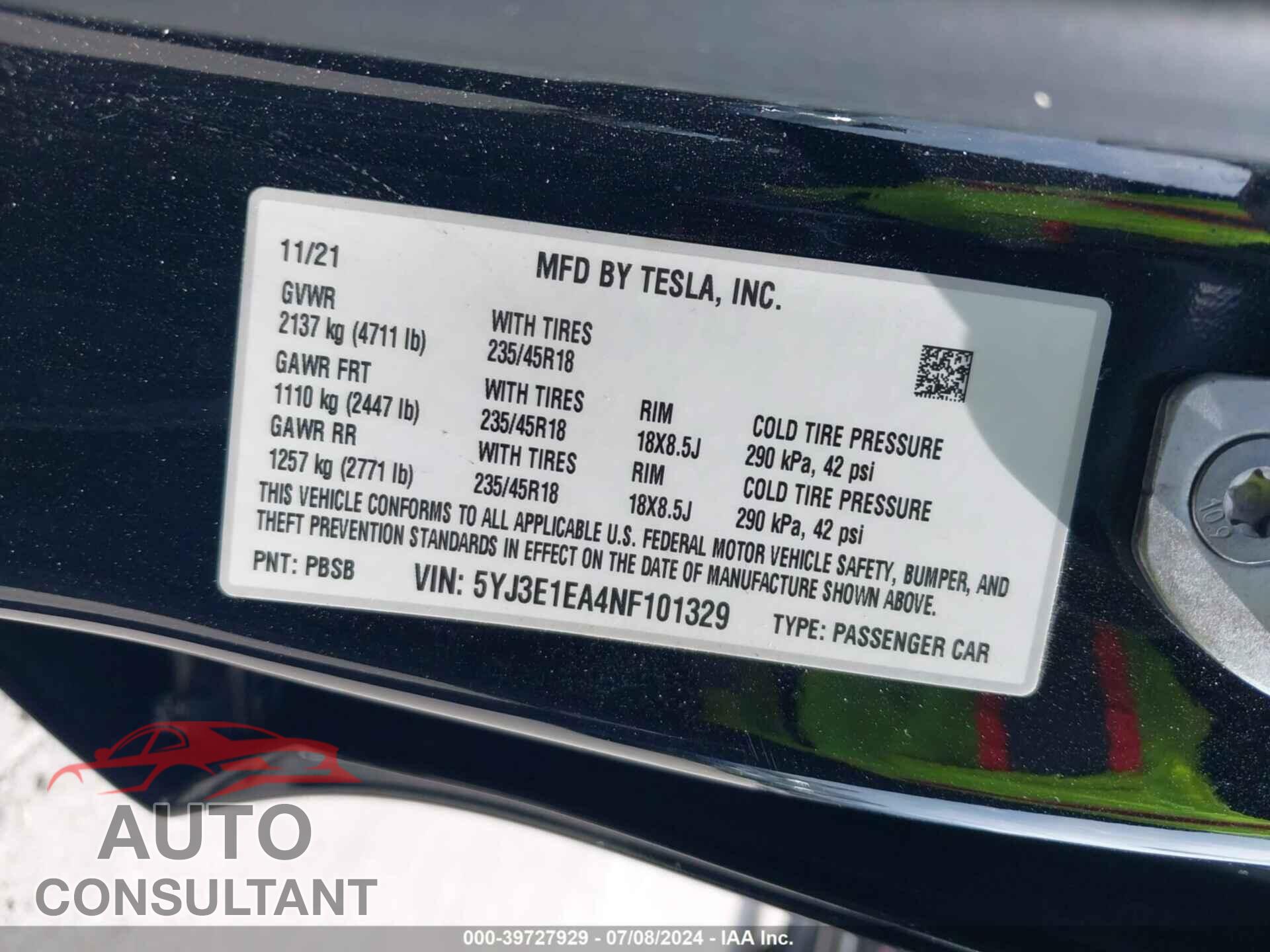 TESLA MODEL 3 2022 - 5YJ3E1EA4NF101329