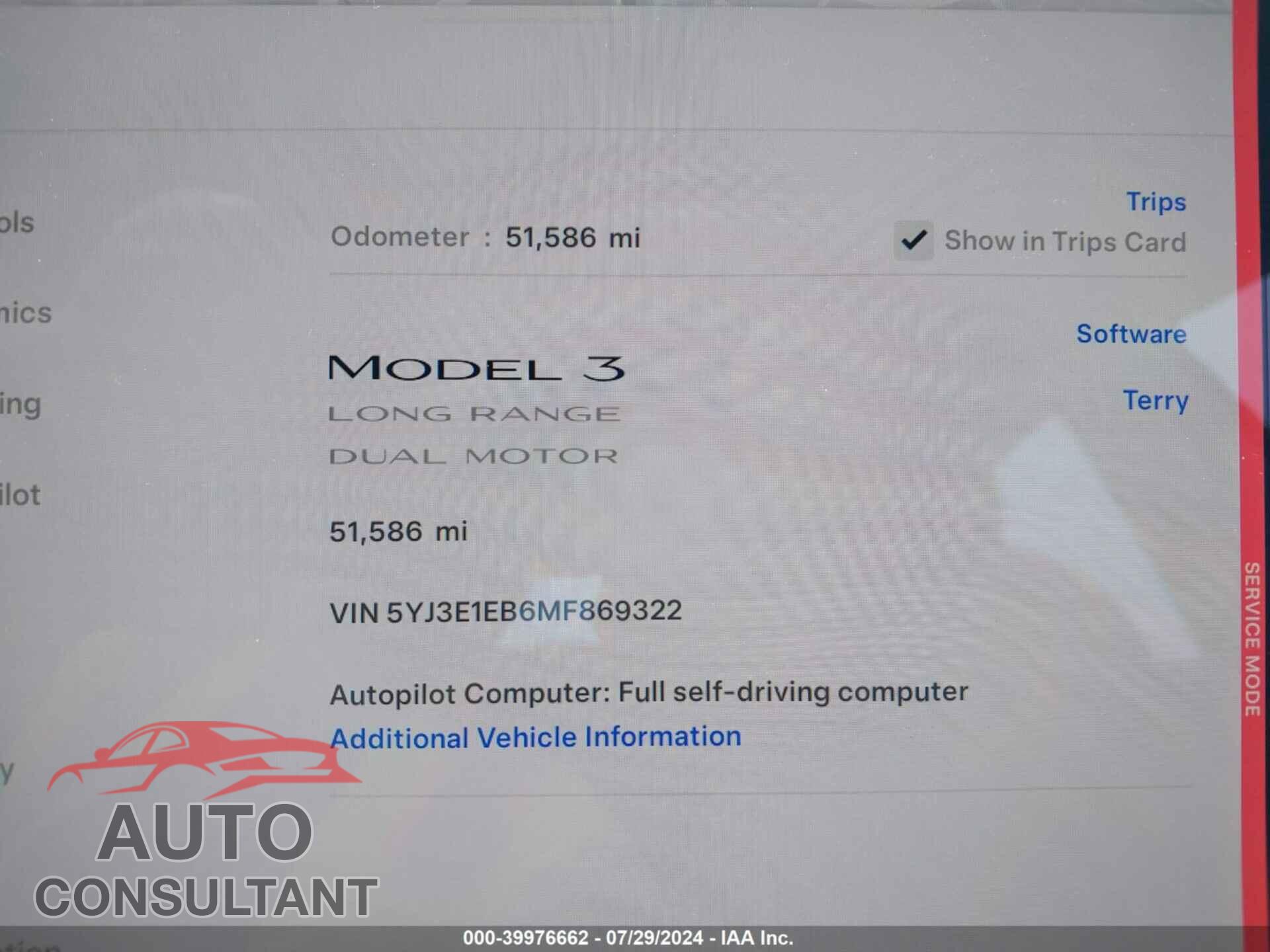 TESLA MODEL 3 2021 - 5YJ3E1EB6MF869322