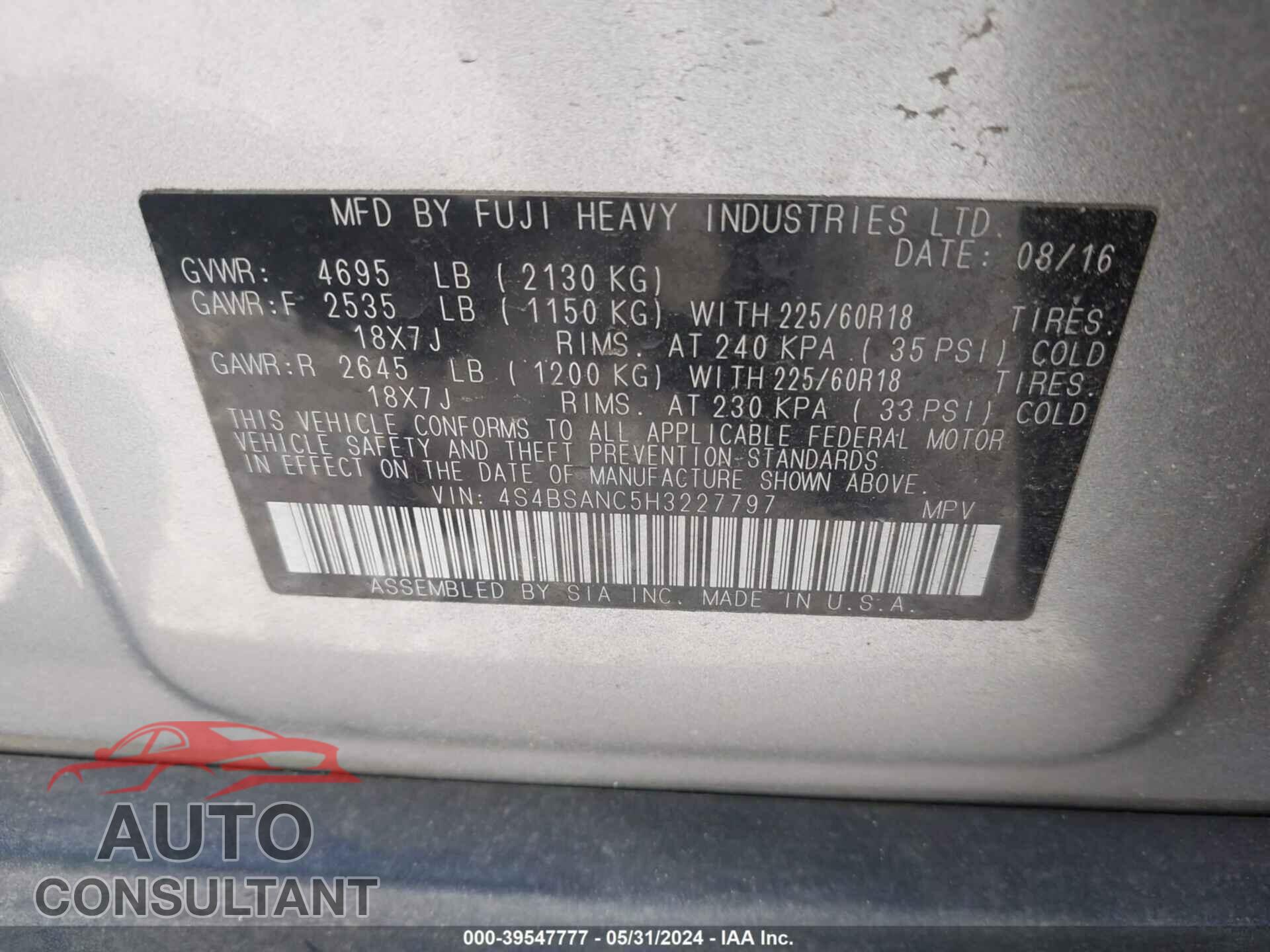 SUBARU OUTBACK 2017 - 4S4BSANC5H3227797