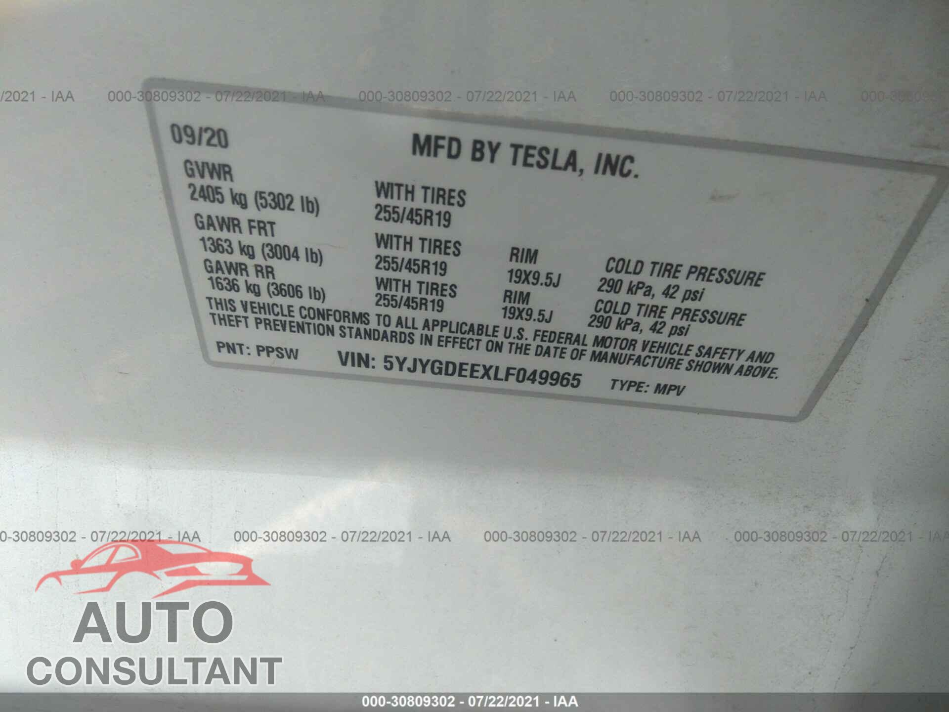 TESLA MODEL Y 2020 - 5YJYGDEEXLF049965