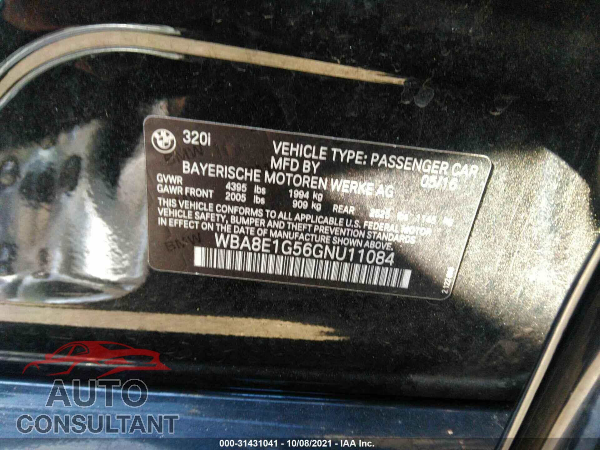 BMW 3 SERIES 2016 - WBA8E1G56GNU11084