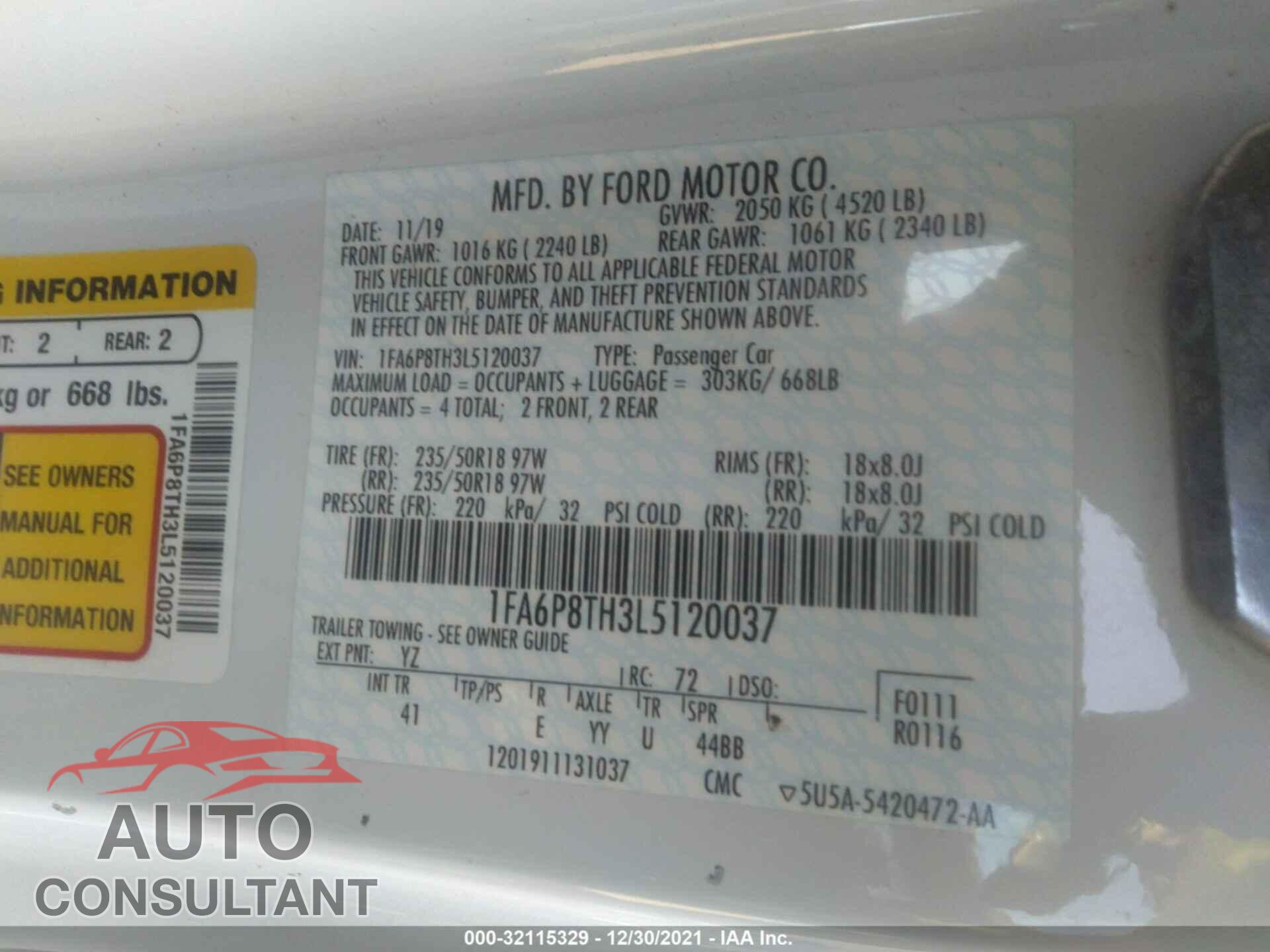 FORD MUSTANG 2020 - 1FA6P8TH3L5120037
