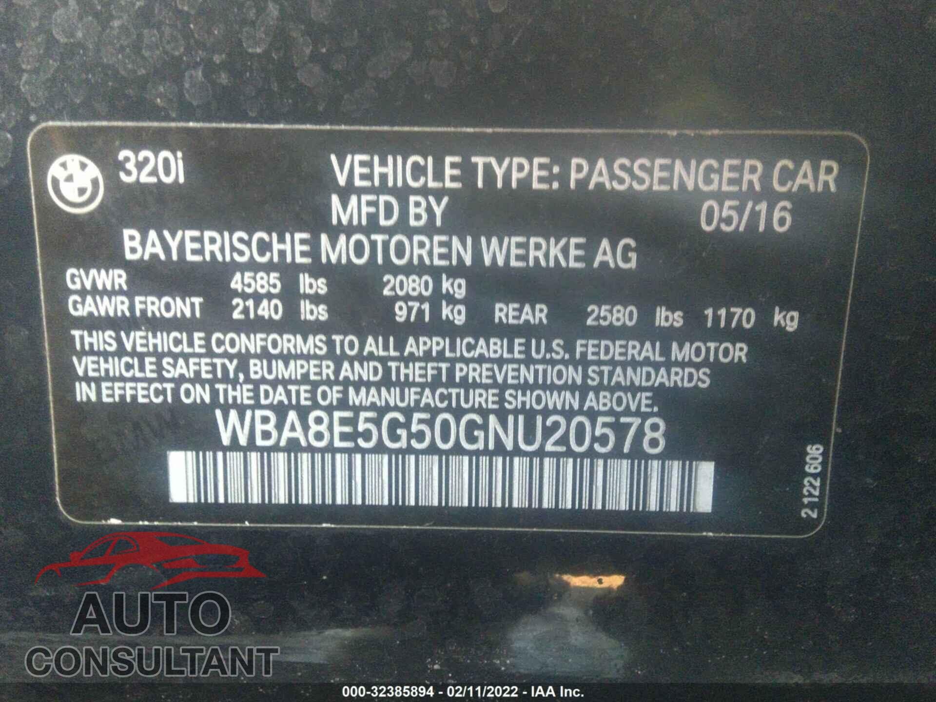 BMW 3 SERIES 2016 - WBA8E5G50GNU20578