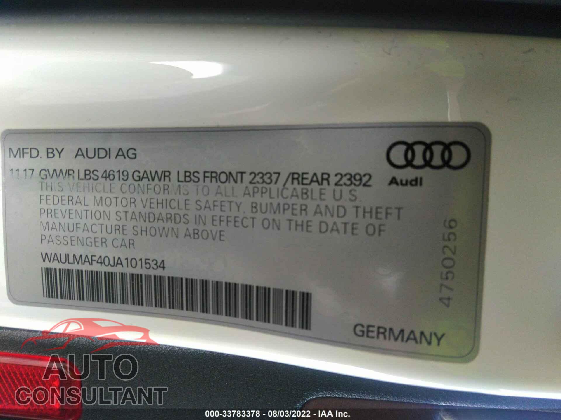 AUDI A4 2018 - WAULMAF40JA101534