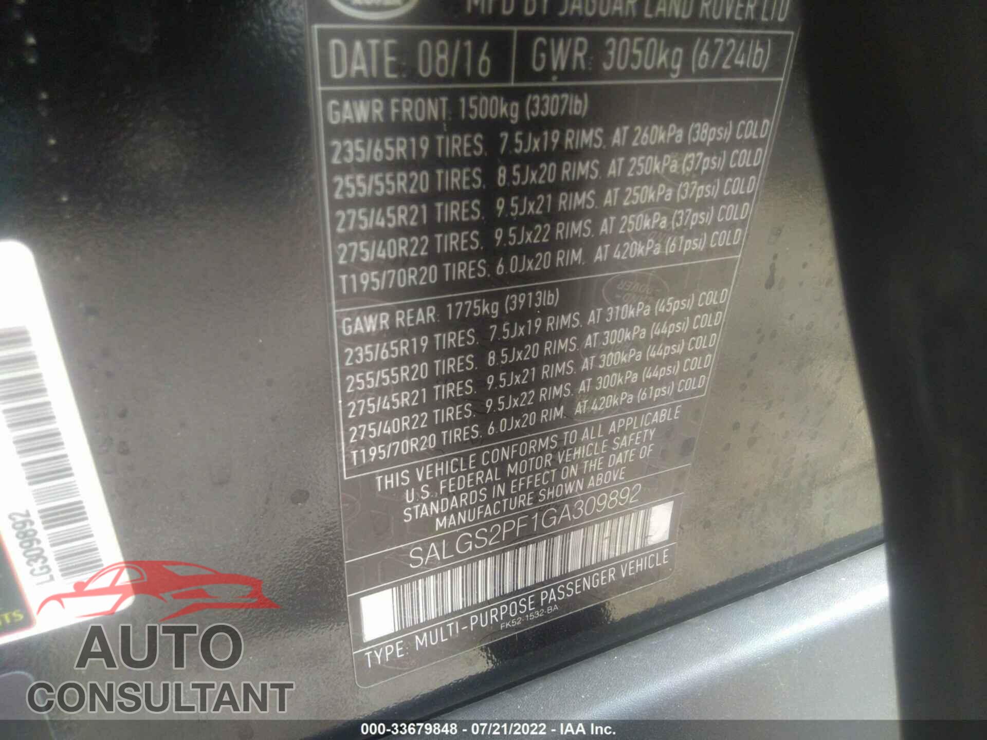 LAND ROVER RANGE ROVER 2016 - SALGS2PF1GA309892