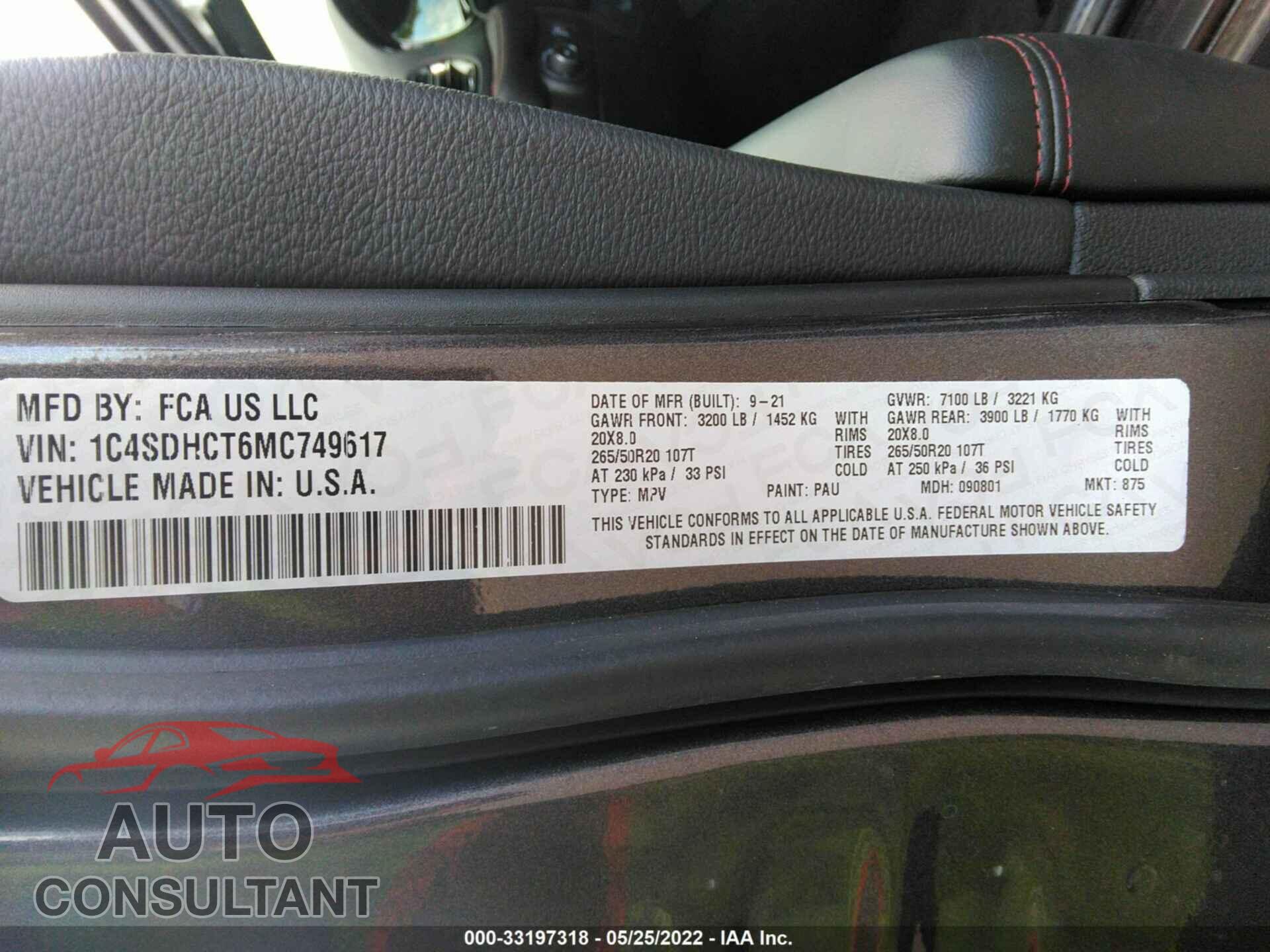 DODGE DURANGO 2021 - 1C4SDHCT6MC749617