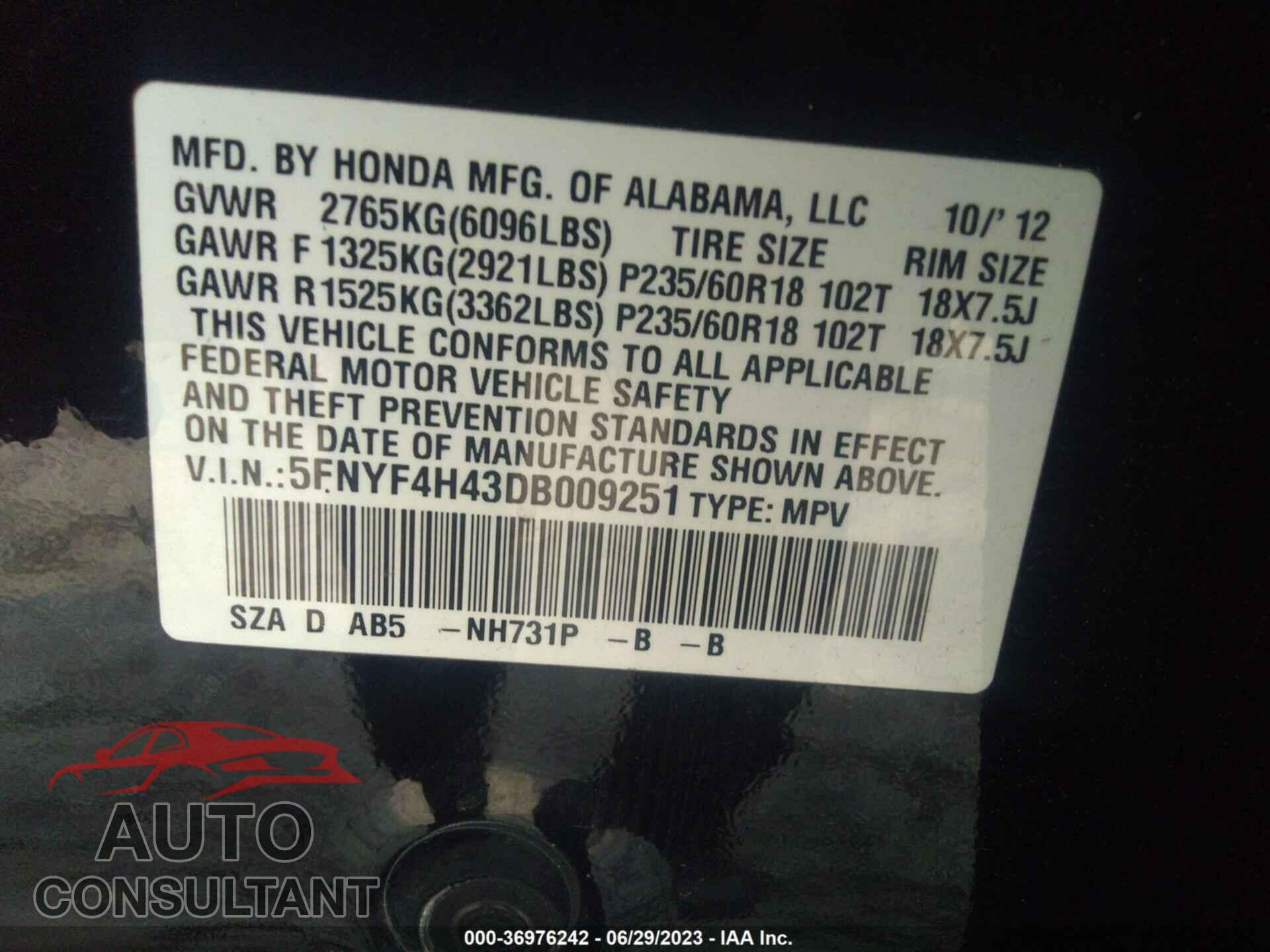 HONDA PILOT 2013 - 5FNYF4H43DB009251